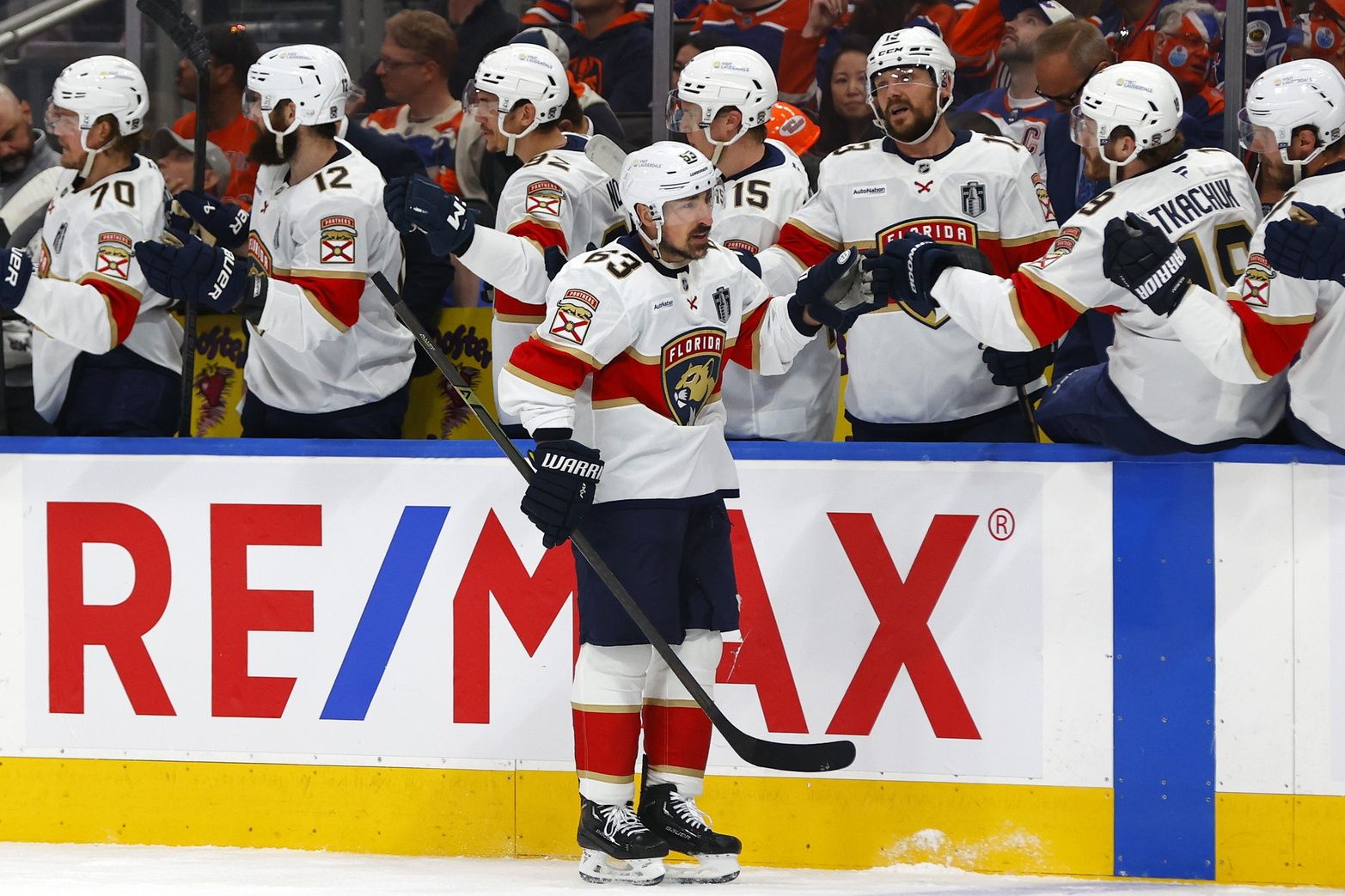 Florida Panthers center Brad Marchand (63) reacts after scoring a goal against the Edmonton Oilers during the first period in game one of the 2025 Stanley Cup Final at Rogers Place.