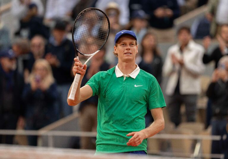 Jannik Sinner of Italy celebrates winning his match against Alexander Bublik of Kazakhstan on day 11 at Roland Garros Stadium.