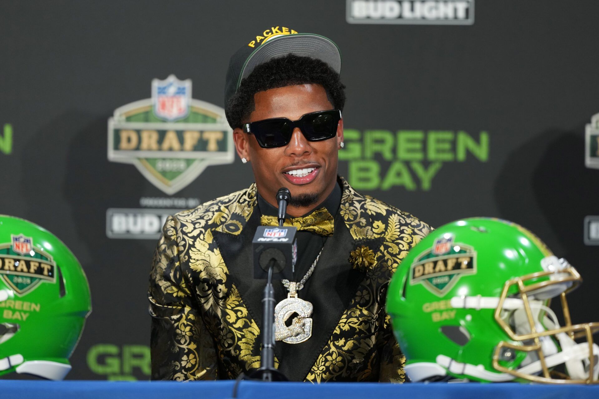 Matthew Golden speaks in a press conference after being selected by the Green Bay Packers as the number 23 pick in the first round of the 2025 NFL Draft at Lambeau Field.