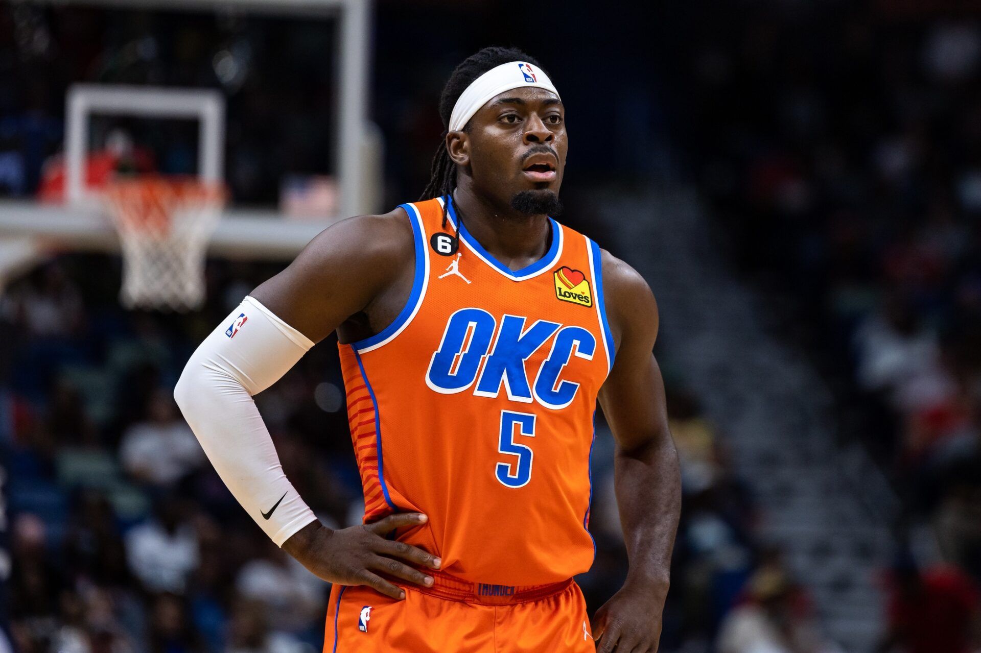 Oklahoma City Thunder guard Luguentz Dort (5) looks on against the New Orleans Pelicans during the first half at Smoothie King Center.