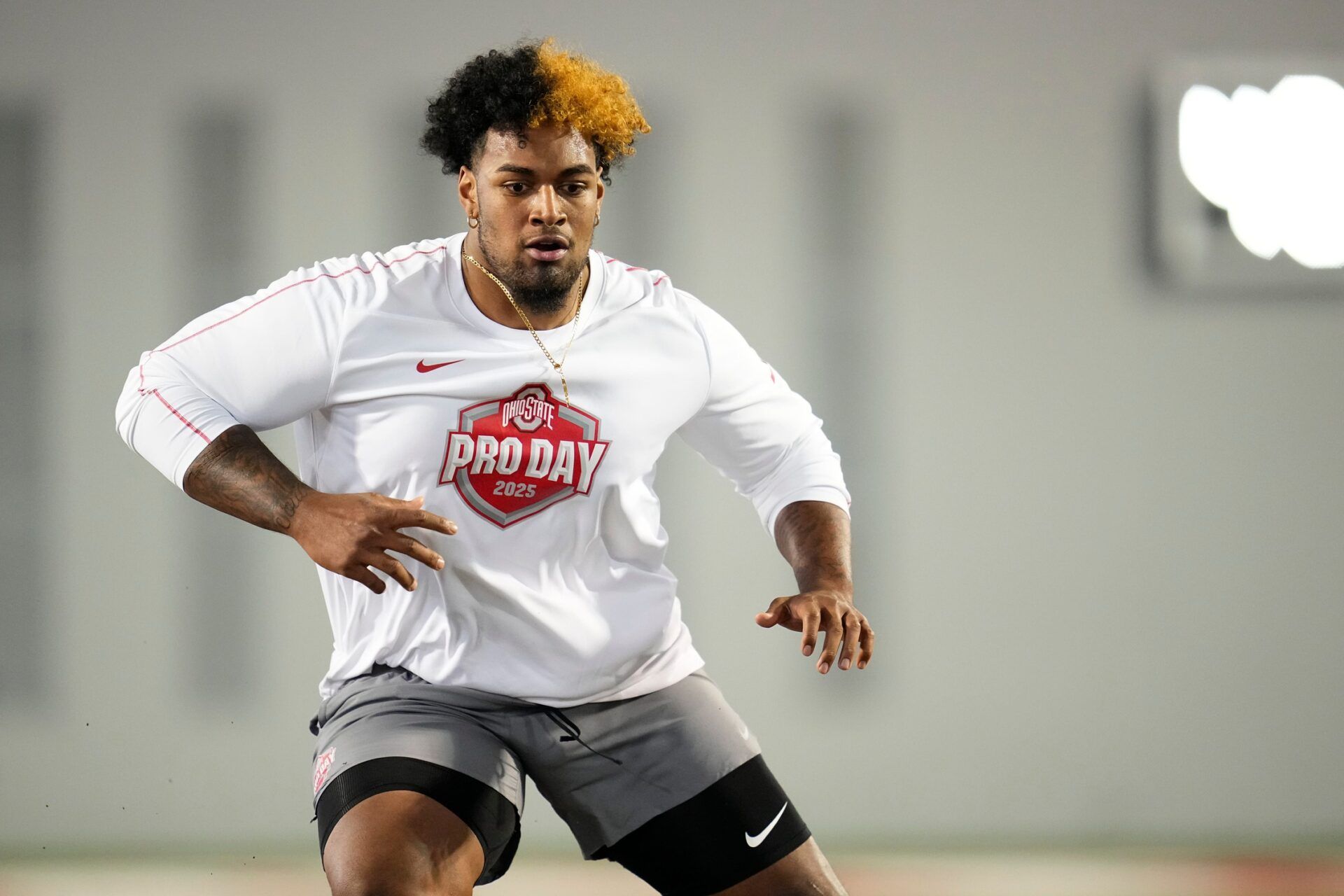 Ohio State Buckeyes offensive lineman Josh Simmons works out during the pro day for NFL scouts at the Woody Hayes Athletic Cente on March 26, 2025.