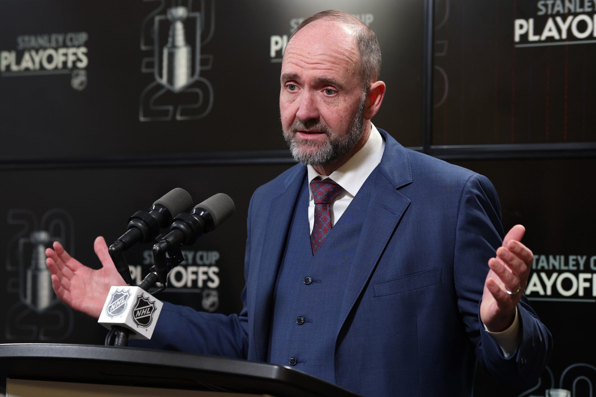 Dallas Stars head coach Pete DeBoer talks to media after their loss to the Winnipeg Jets in game two of the second round of the 2025 Stanley Cup Playoffs at Canada Life Centre.