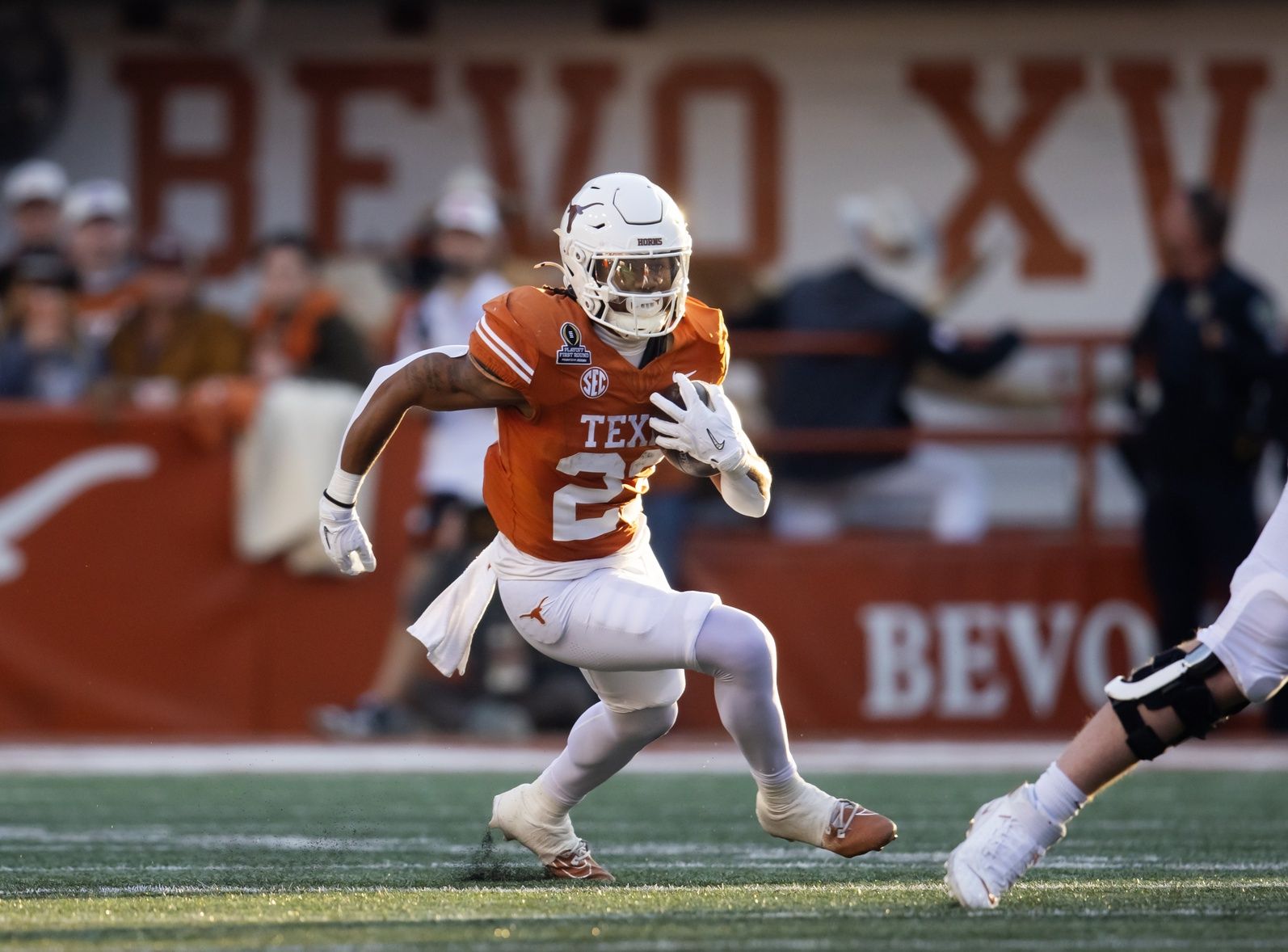 Texas Longhorns running back Jaydon Blue (23) against the Clemson Tigers during the CFP National playoff first round at Darrell K Royal-Texas Memorial Stadium.