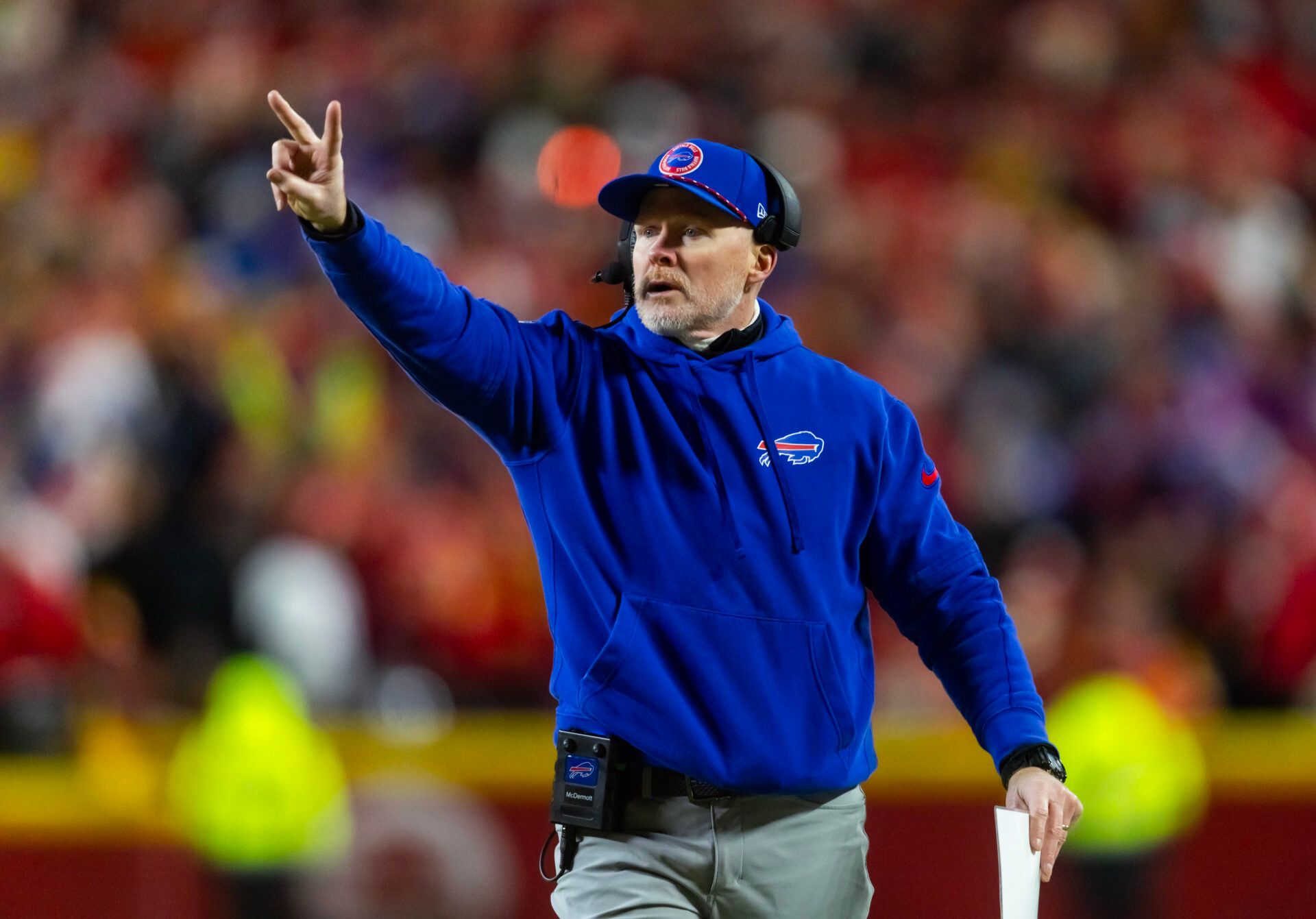 Buffalo Bills head coach Sean McDermott against the Kansas City Chiefs during the AFC Championship game at GEHA Field at Arrowhead Stadium.
