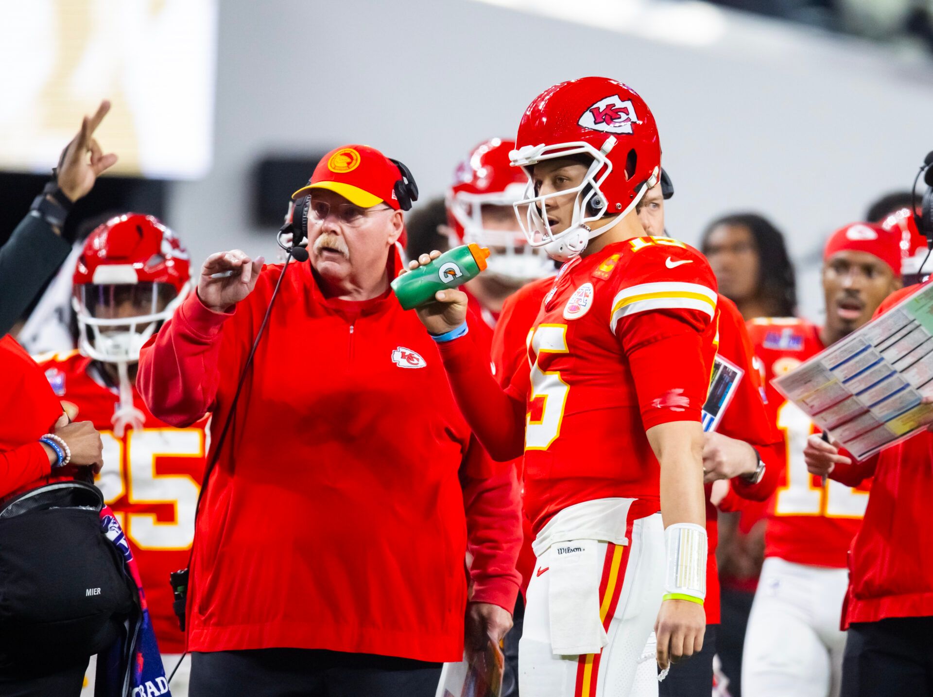 Kansas City Chiefs head coach Andy Reid with quarterback Patrick Mahomes (15) against the San Francisco 49ers during Super Bowl LVIII at Allegiant Stadium.
