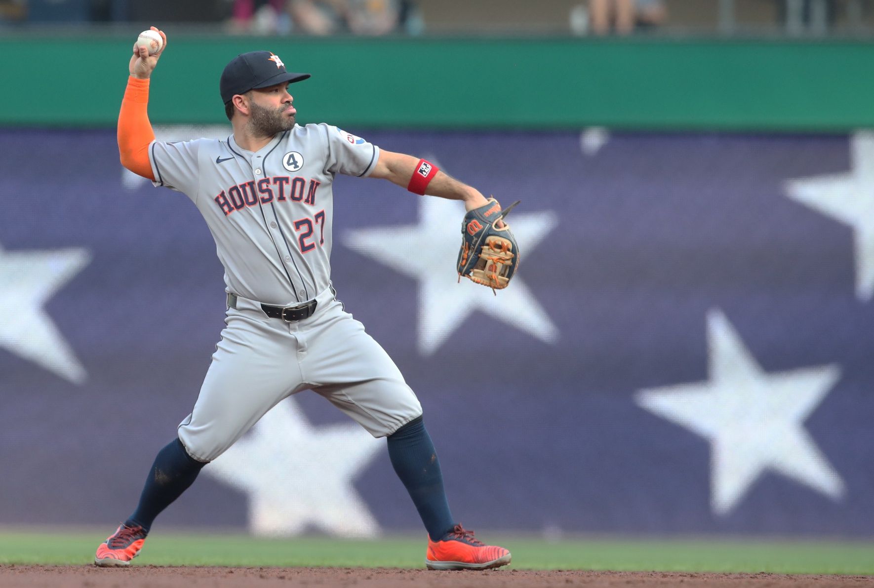 Houston Astros second baseman Jose Altuve (27) warms up before the bottom of the third inning against the Pittsburgh Pirates  at PNC Park.
