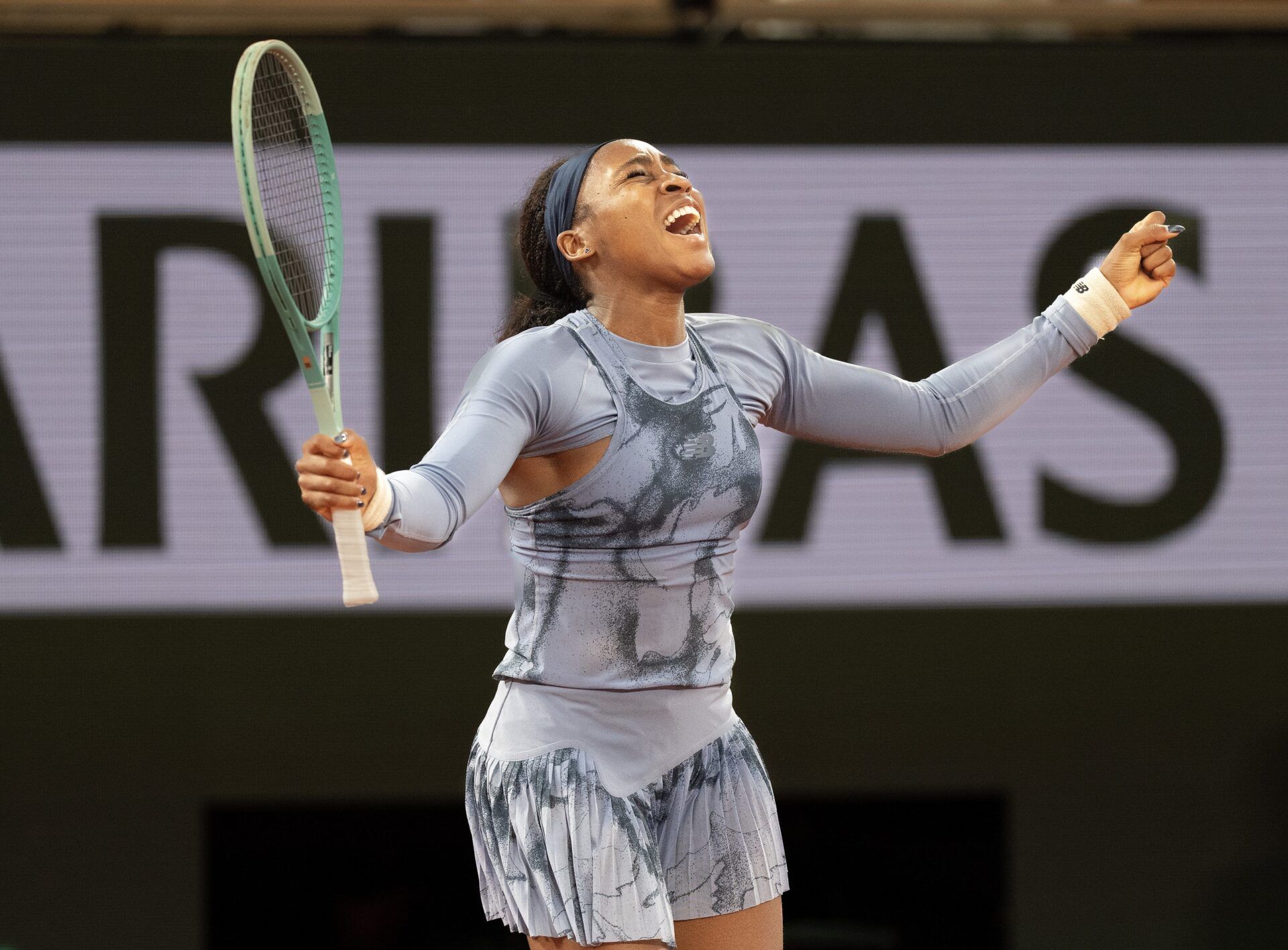 Coco Gauff of the United States celebrates winning her match  against Madison Keys of the United States on day 11 at Roland Garros Stadium.