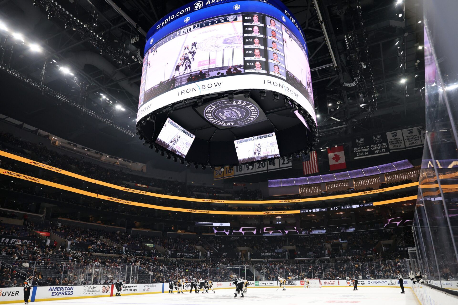 Los Angeles Fire Department logo displays on a score board during the third period of NHL game between the Los Angeles Kings and the Pittsburgh Penguins at Crypto.com Arena.