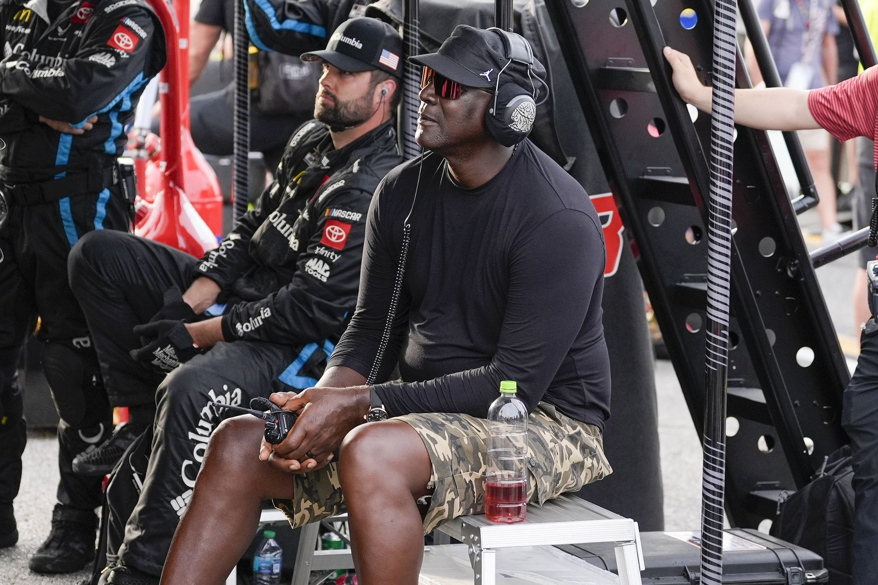NASCAR Cup Series driver Tyler Reddick (45) team owner Michael Jordan watches his racer during the Goodyear 400 at Darlington Raceway.