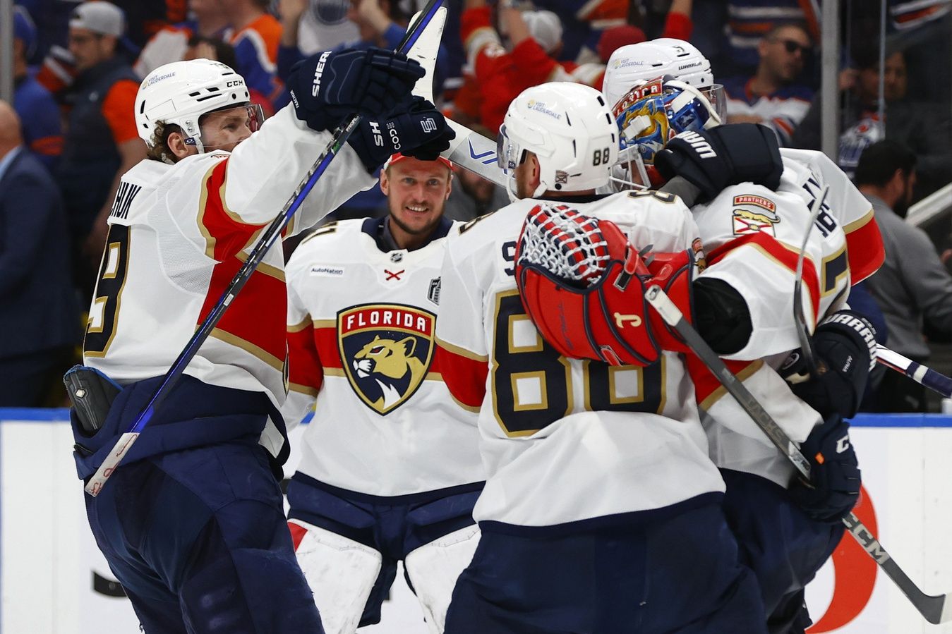 Florida Panthers center Brad Marchand (63) reacts after making the game winning goal against the Edmonton Oilers during double overtime in game two of the 2025 Stanley Cup Final at Rogers Place.