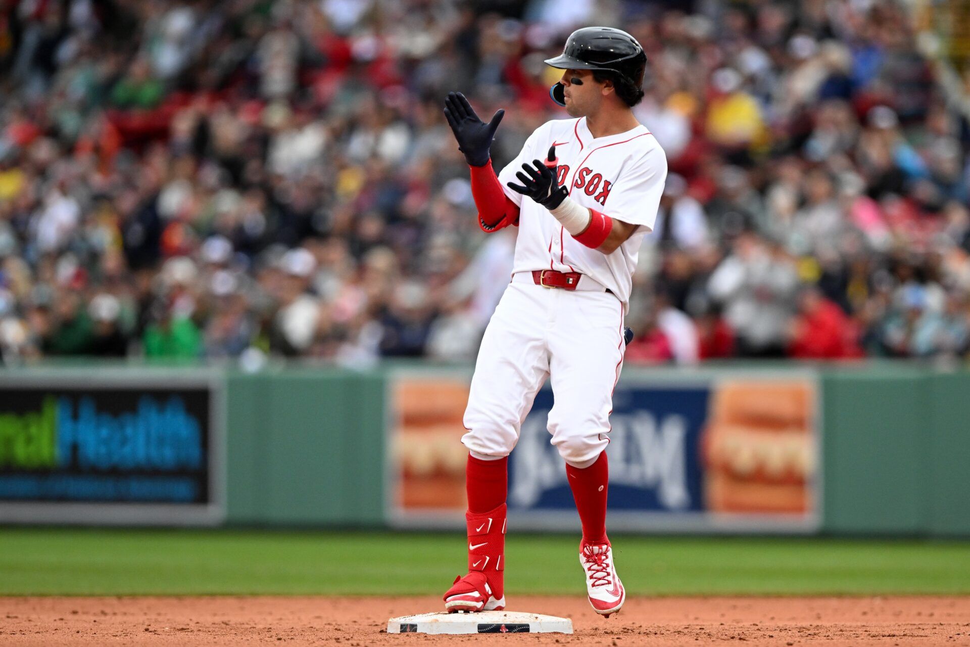 Boston Red Sox shortstop Marcelo Mayer (39) reacts after hitting a double against the Baltimore Orioles during the ninth inning at Fenway Park.