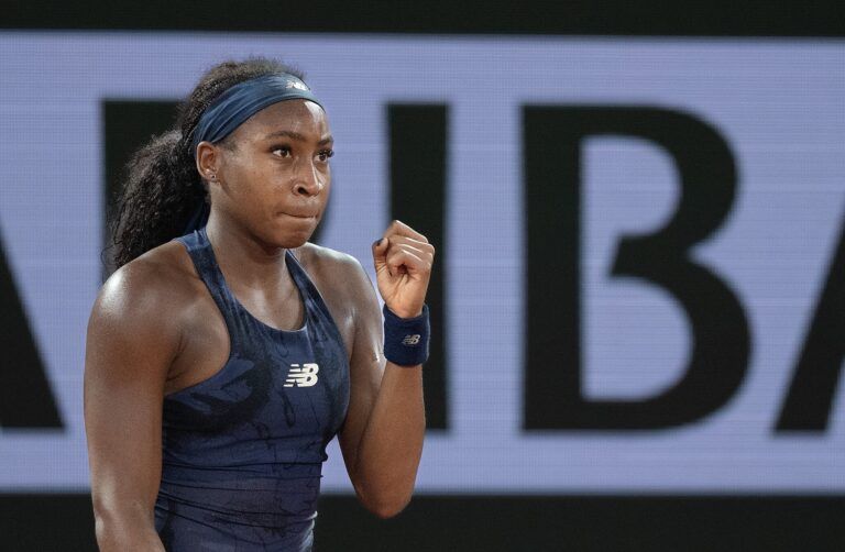 Coco Gauff of the United States reacts to a point during her match against Lois Boisson of France on day 12 at Roland Garros Stadium.