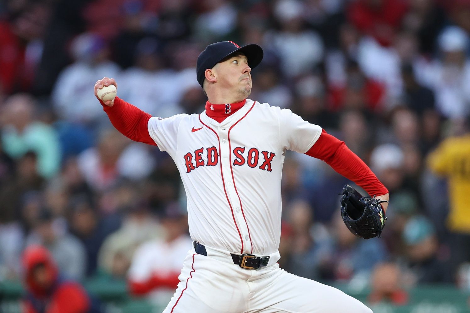 Boston Red Sox starting pitcher Walker Buehler (0) delivers a pitch during the second inning against the New York Mets at Fenway Park.