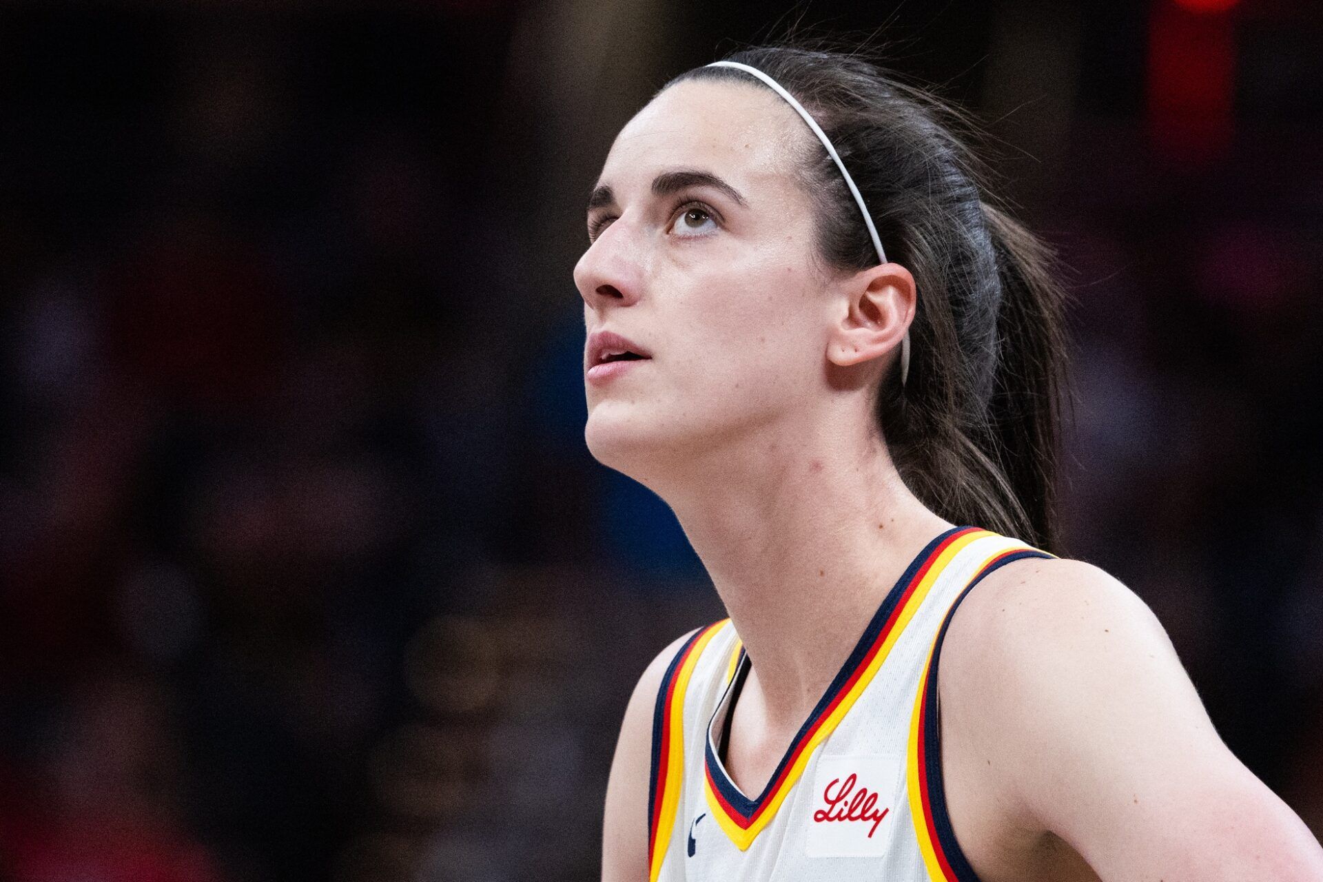 Indiana Fever guard Caitlin Clark (22) in the first half against the New York Liberty at Gainbridge Fieldhouse.
