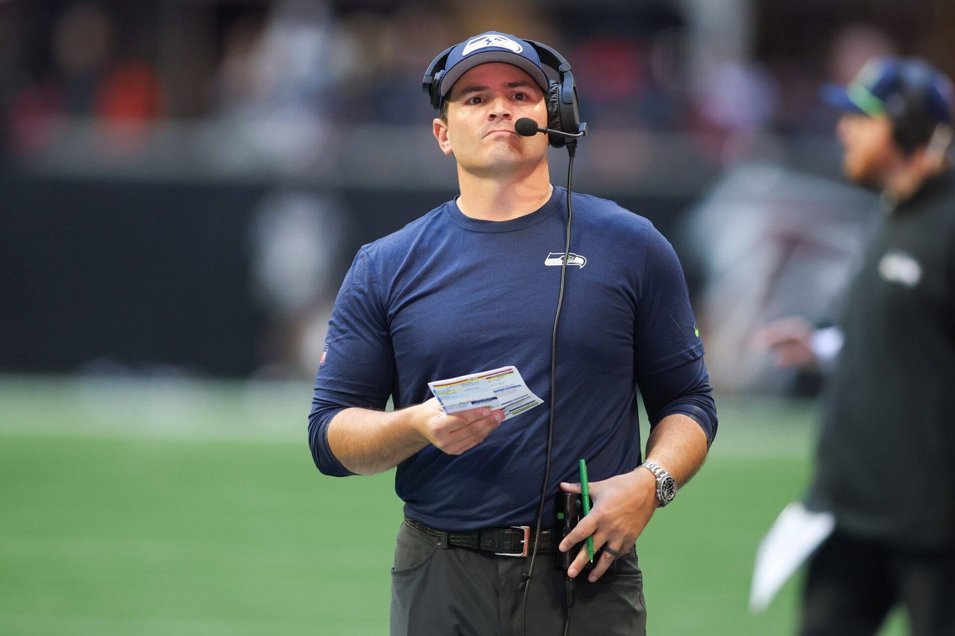 Seattle Seahawks head coach Mike Macdonald on the sideline against the Atlanta Falcons in the fourth quarter at Mercedes-Benz Stadium.