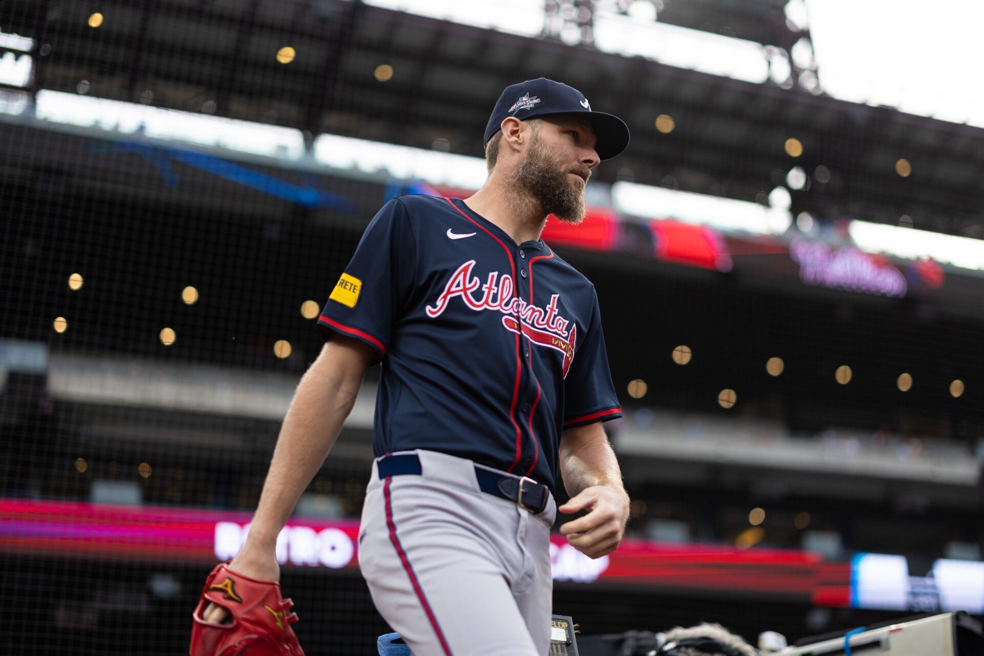 Atlanta Braves pitcher Chris Sale takes the field to warm up before action against the Philadelphia Phillies at Citizens Bank Park.