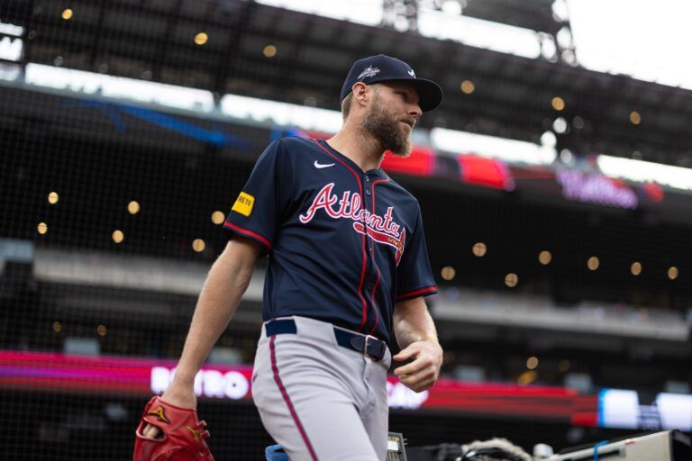 Atlanta Braves pitcher Chris Sale takes the field to warm up before action against the Philadelphia Phillies at Citizens Bank Park.