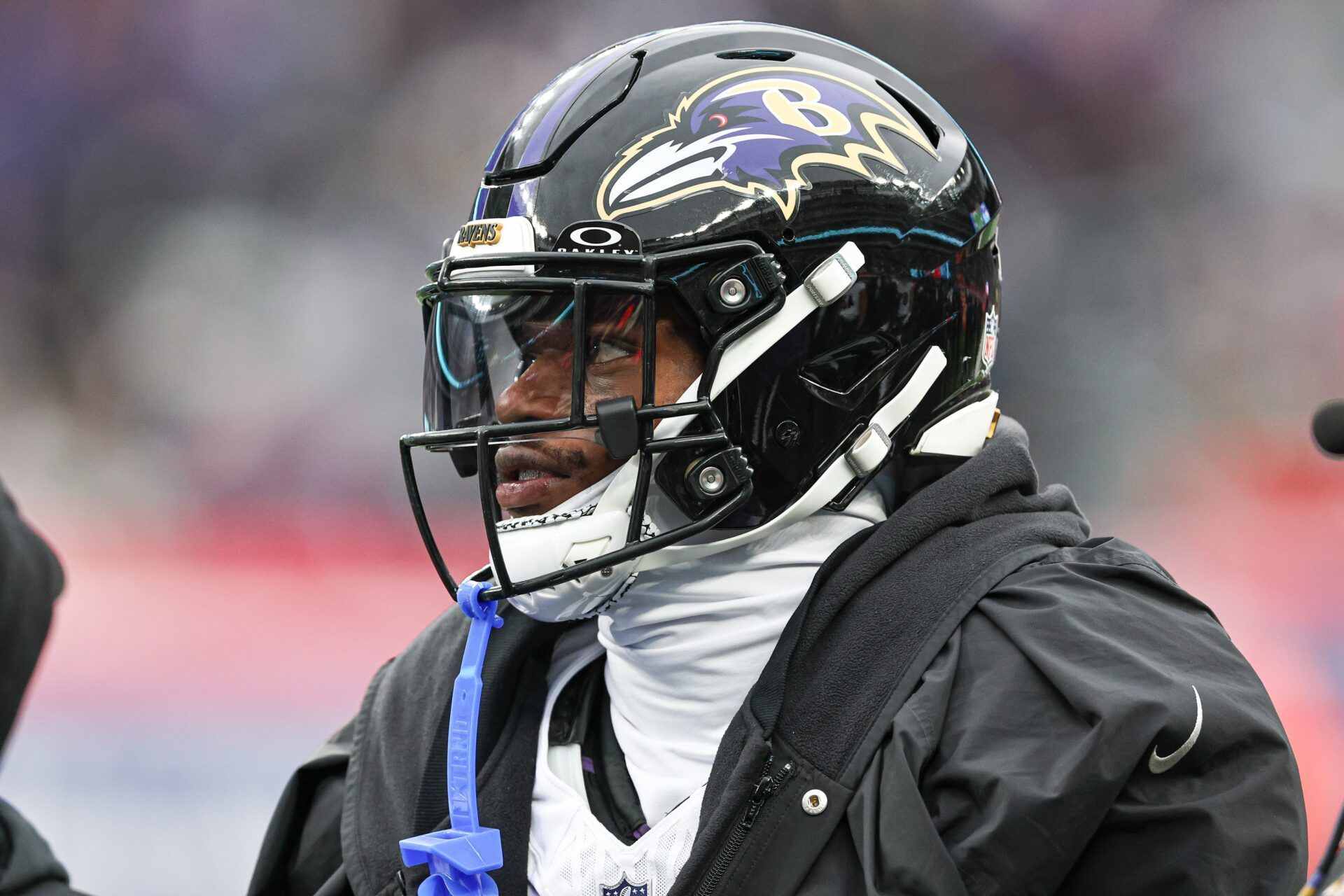 Baltimore Ravens quarterback Lamar Jackson (8) looks on during the second half against the New York Giants at MetLife Stadium.