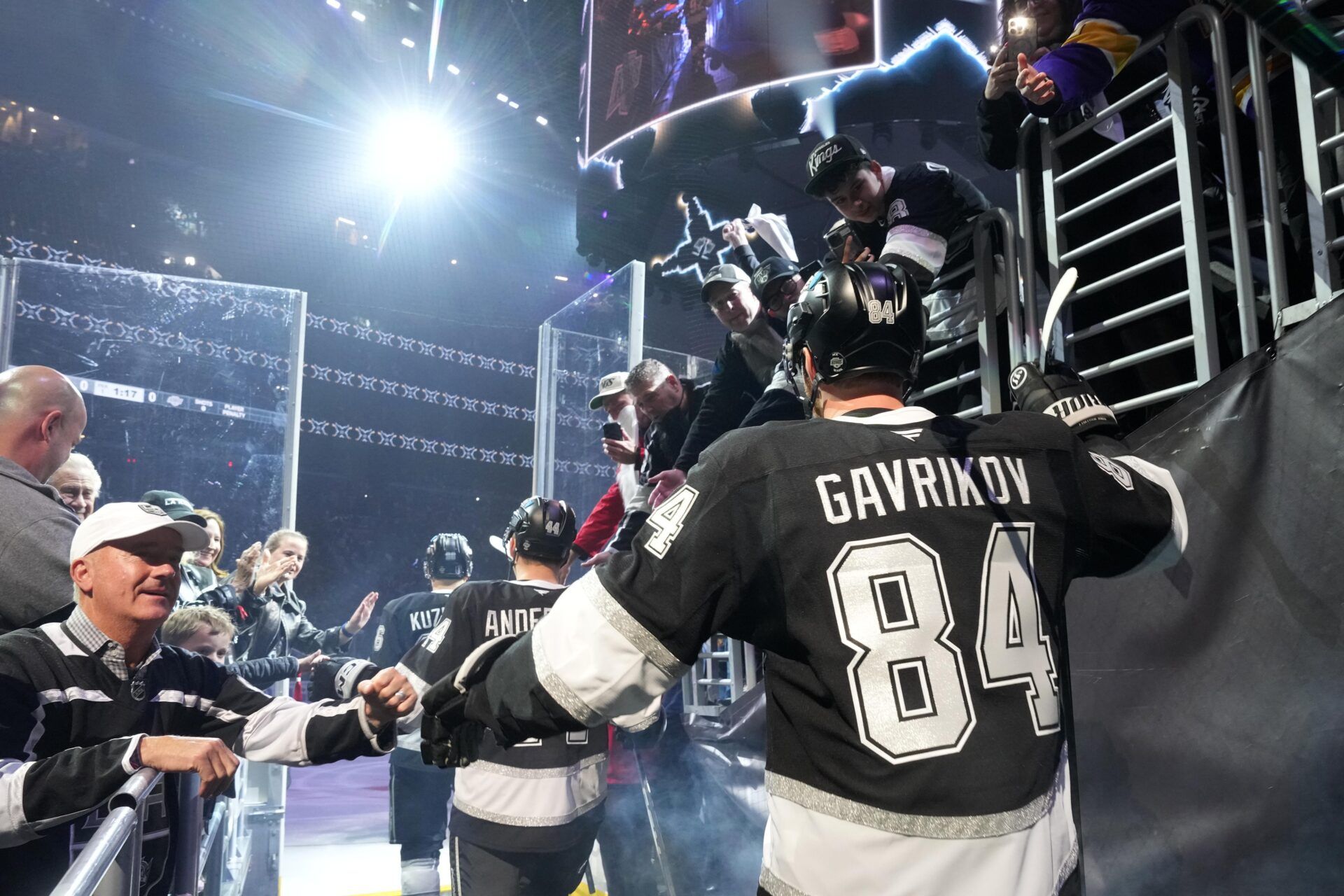 LA Kings defenseman Vladislav Gavrikov (84) enters the ice against the Edmonton Oilers during game one of the first round of the 2025 Stanley Cup Playoffs at Crypto.com Arena.