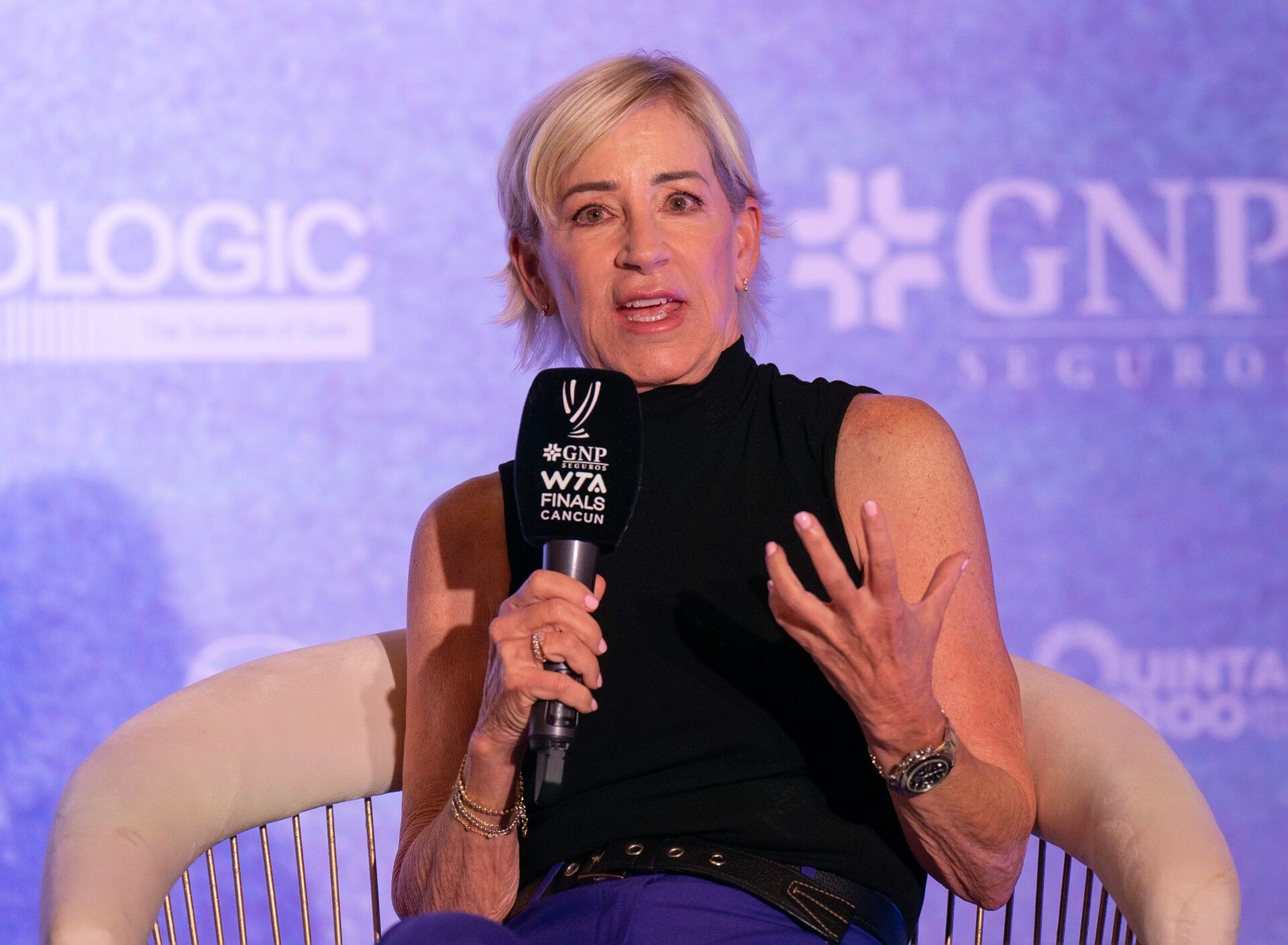 Chris Evert in a joint press conference with Martina Navratilova on day five of the GNP Saguaros WTA Finals Cancun.
