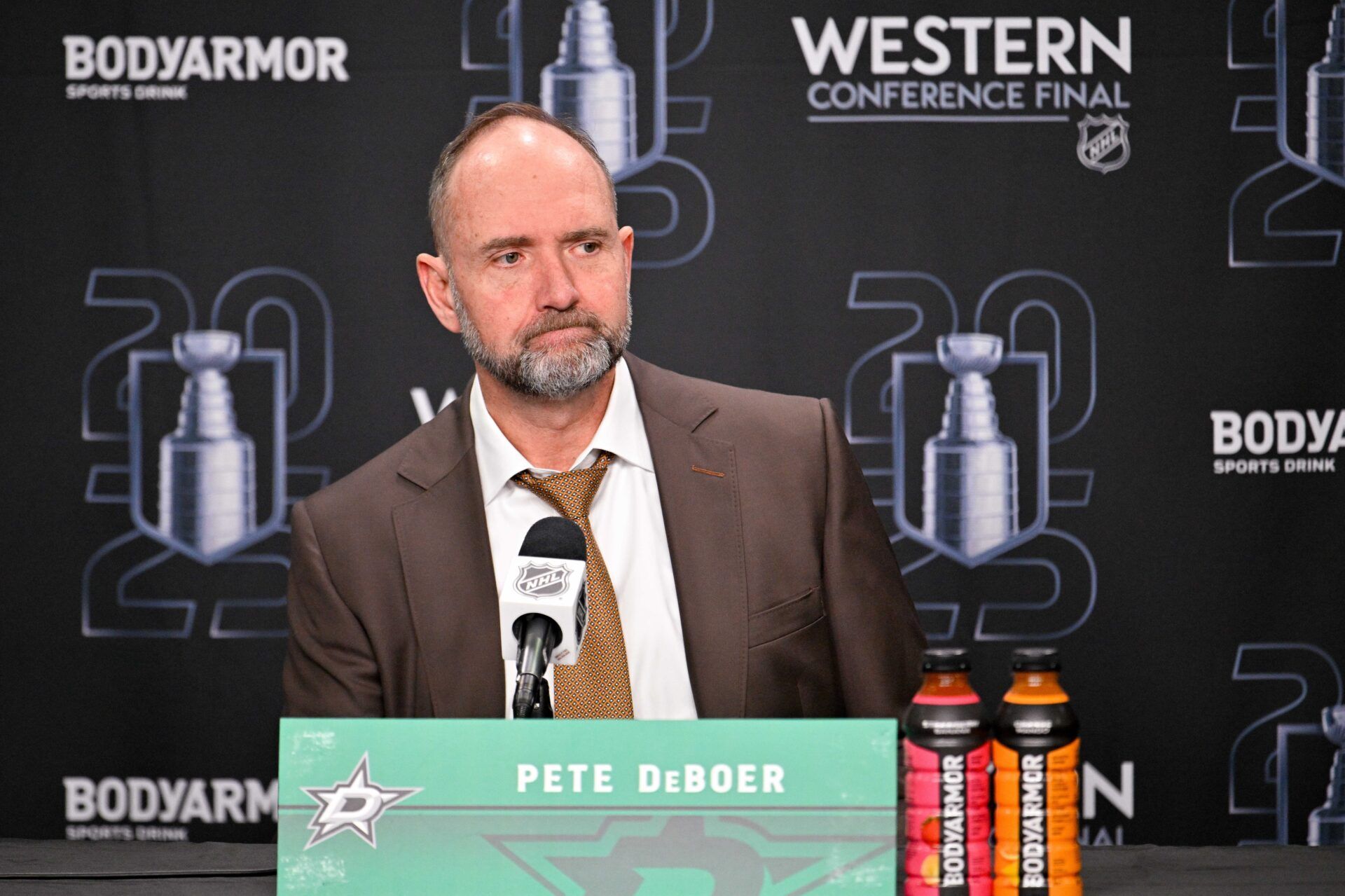 Dallas Stars head coach Pete DeBoer speaks to the media after the game against the Edmonton Oilers in game five of the Western Conference Final of the 2025 Stanley Cup Playoffs at American Airlines Center.