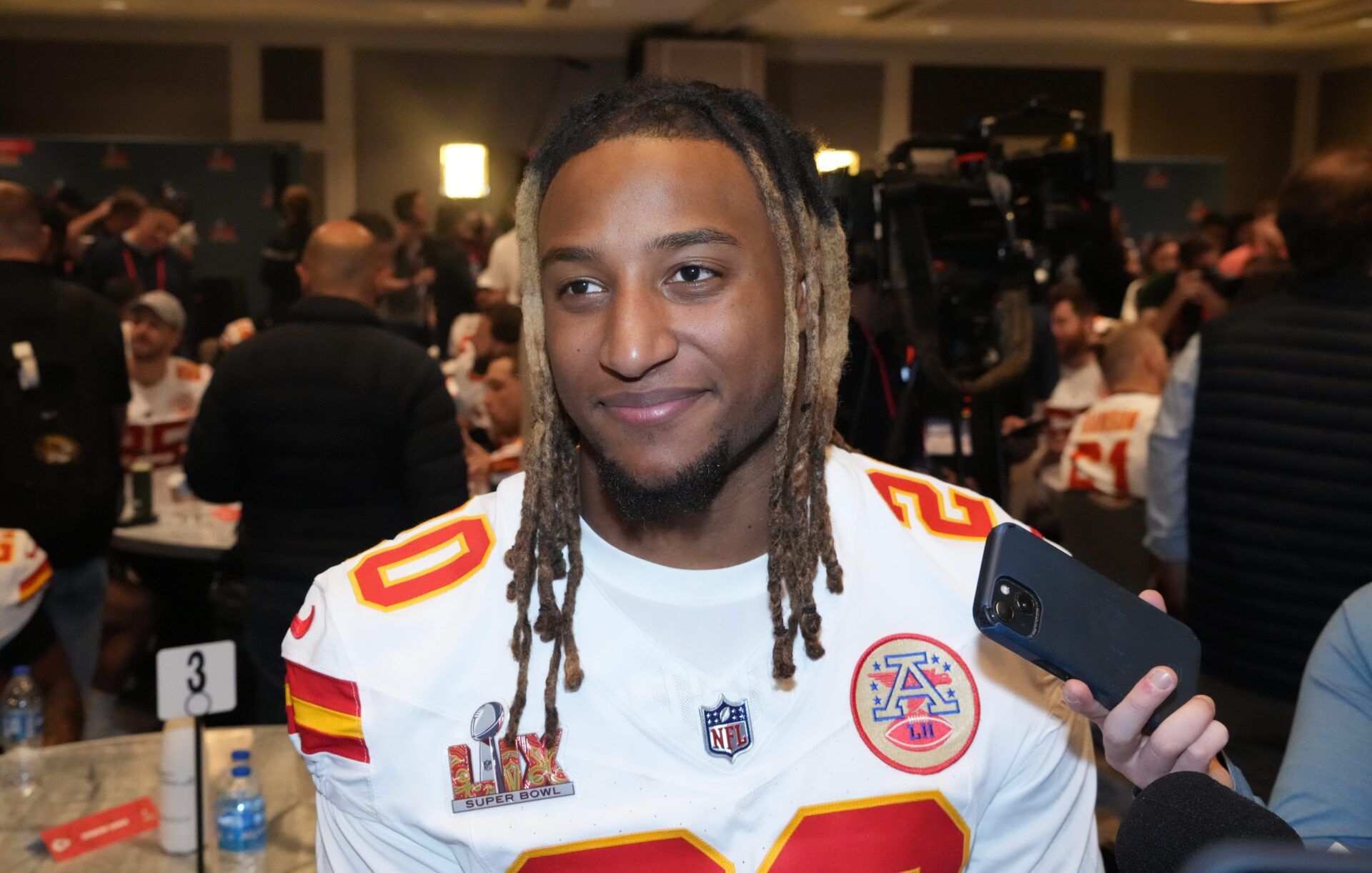 Kansas City Chiefs safety Justin Reid (20) in a press conference ahead of Super Bowl LIX at New Orleans Marriott.