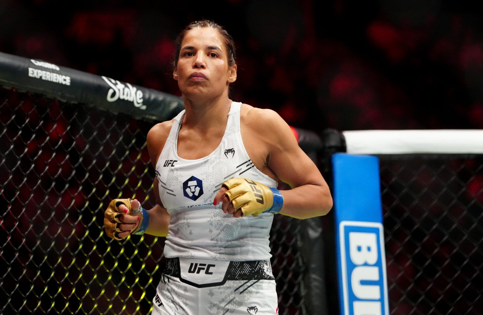Julianna Pena (blue gloves) before a women’s bantamweight title bout against Raquel Pennington (not pictured) during UFC 307 at Delta Center.