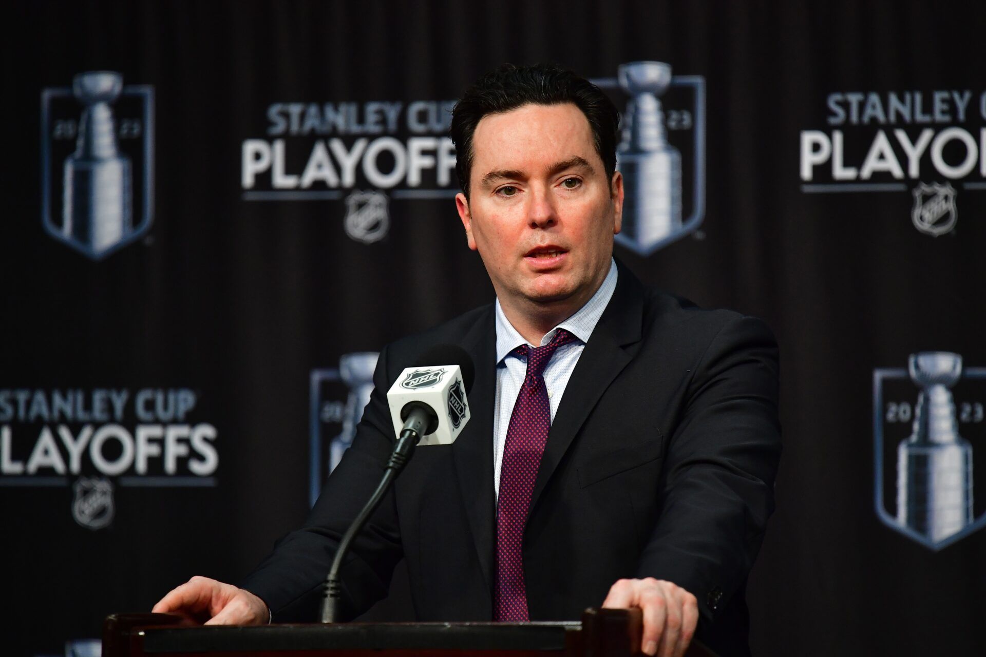 Edmonton Oilers head coach Jay Woodcroft speaks with media following game six of the first round of the 2023 Stanley Cup Playoffs at Crypto.com Arena.