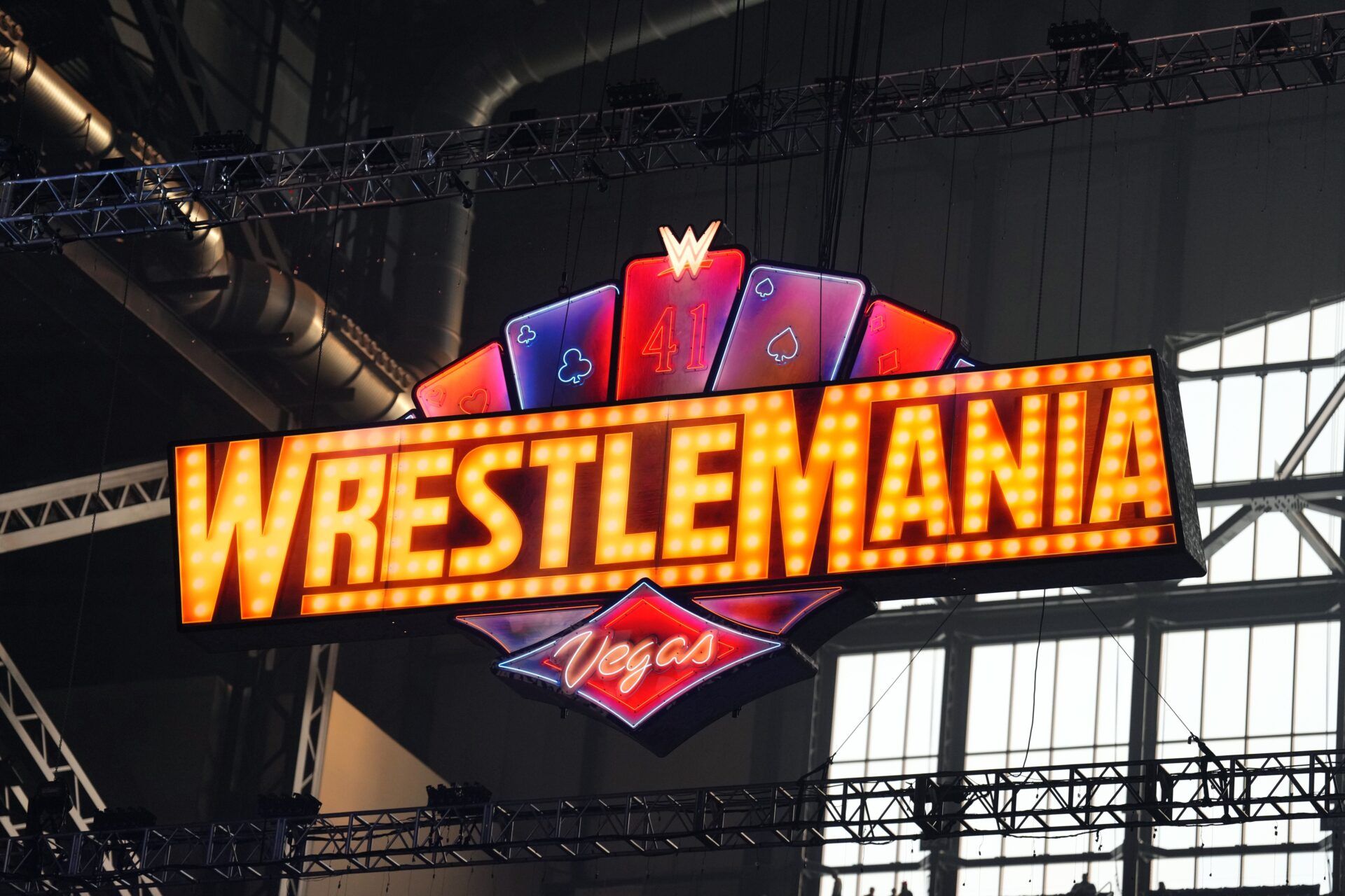 WrestleMania signage on display the WWE Royal Rumble at Lucas Oil Stadium.