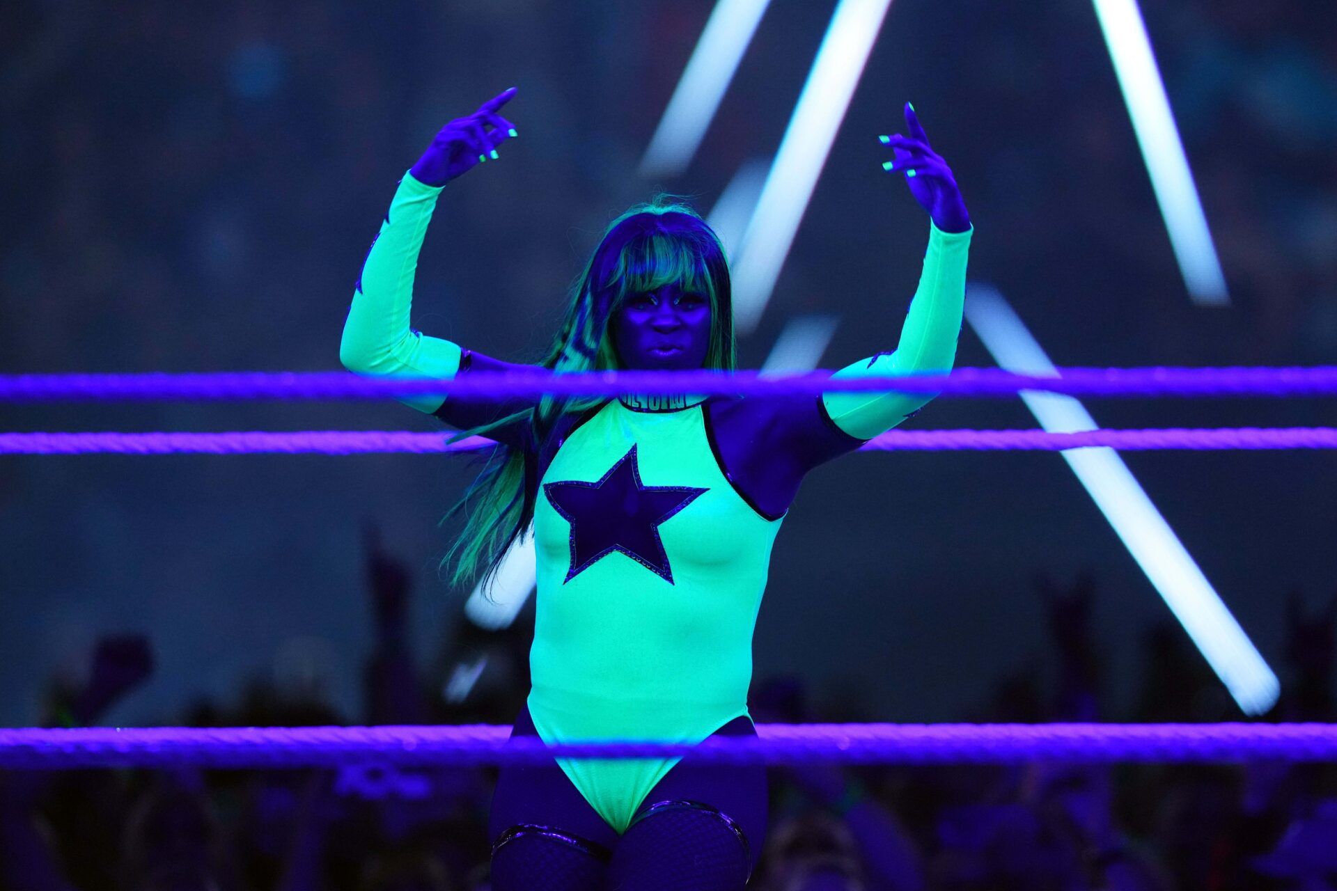 Naomi enters the ring during the Women’s Royal Rumble match during the Royal Rumble at Tropicana Field.