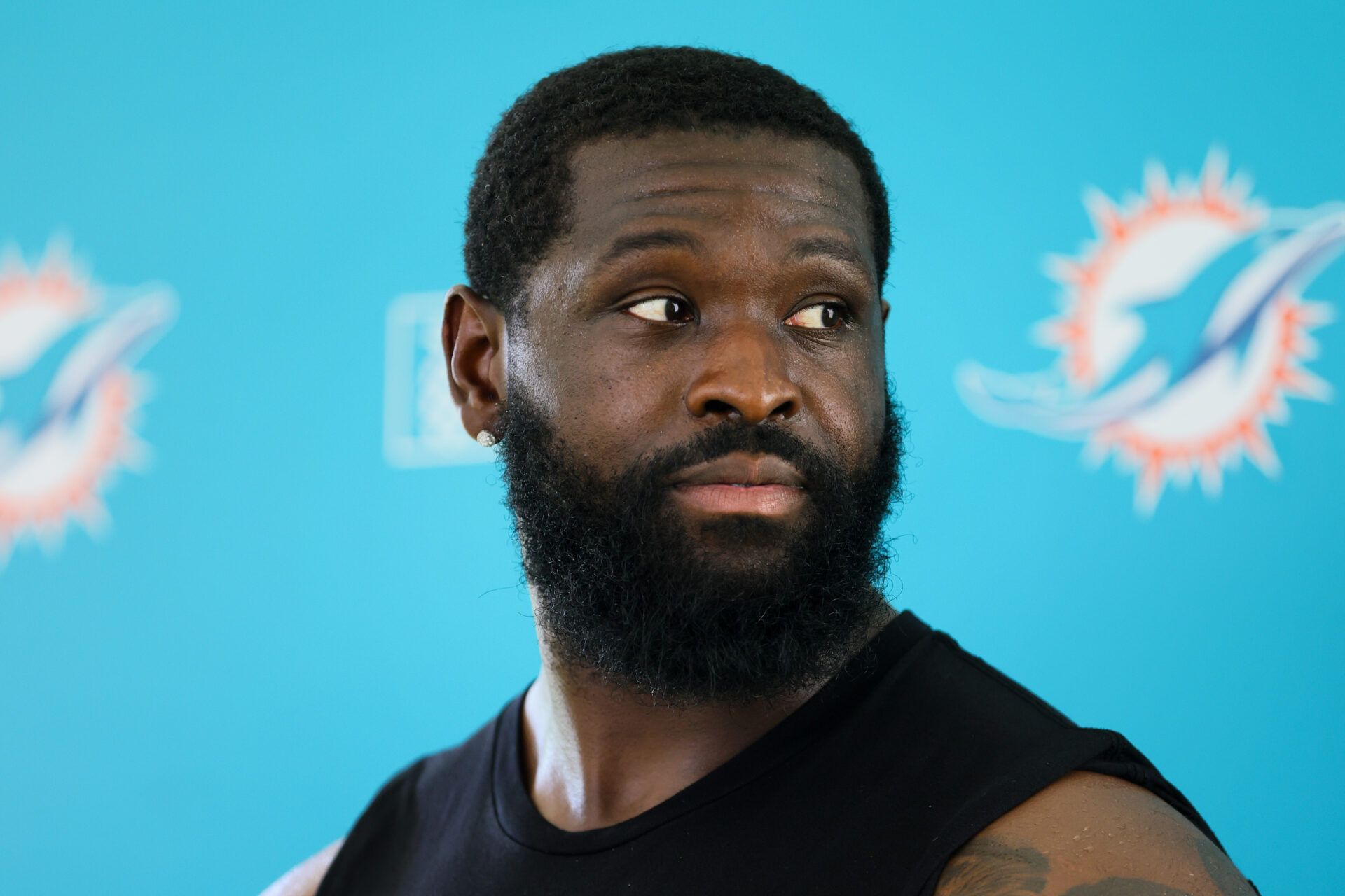 Miami Dolphins offensive tackle Terron Armstead (72) talks to reporters after joint practice with the Washington Commanders at Baptist Health Training Complex.