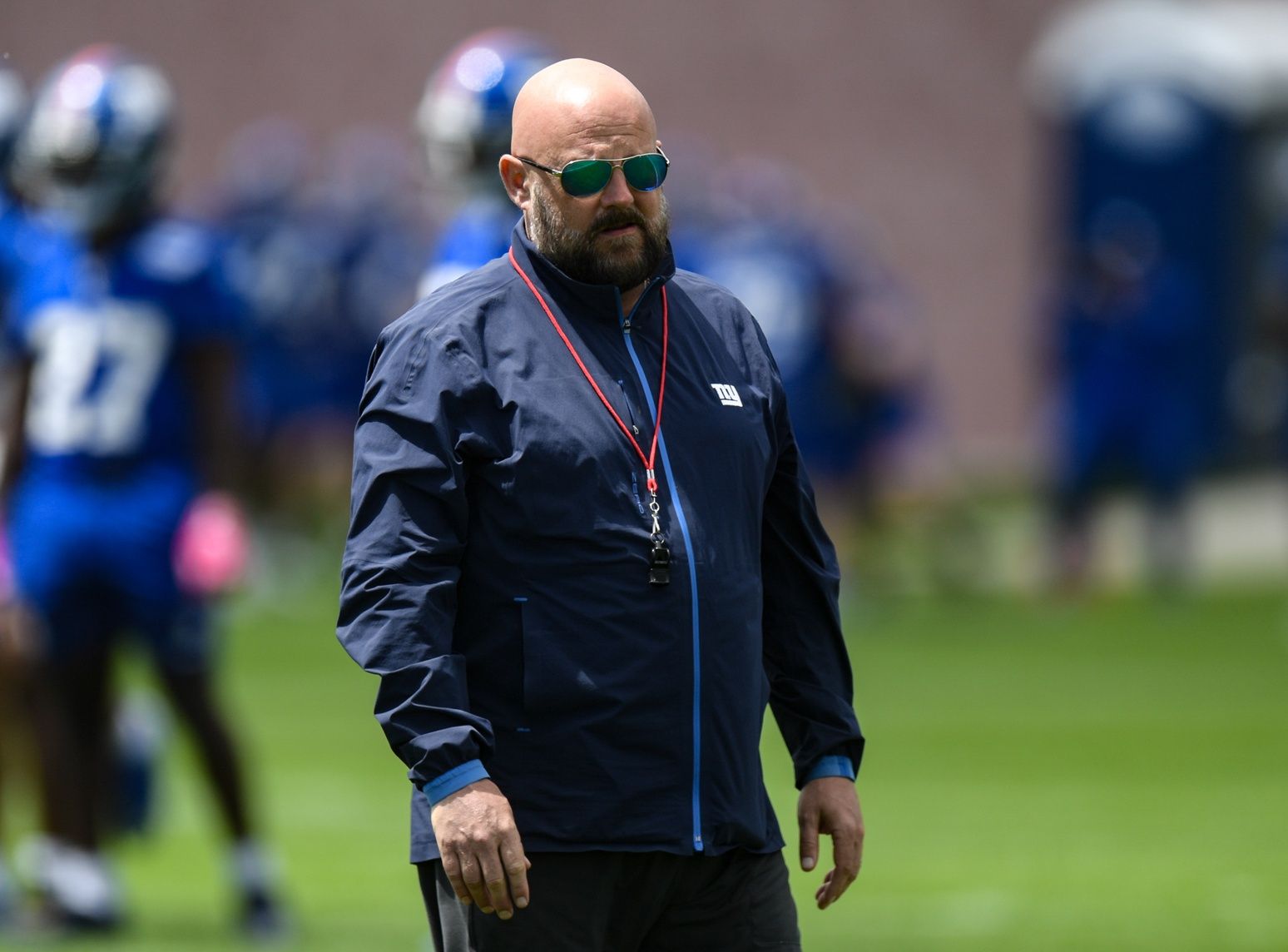 New York Giants head coach Brian Daboll looks on during rookie minicamp at Quest Diagnostics Training Center.