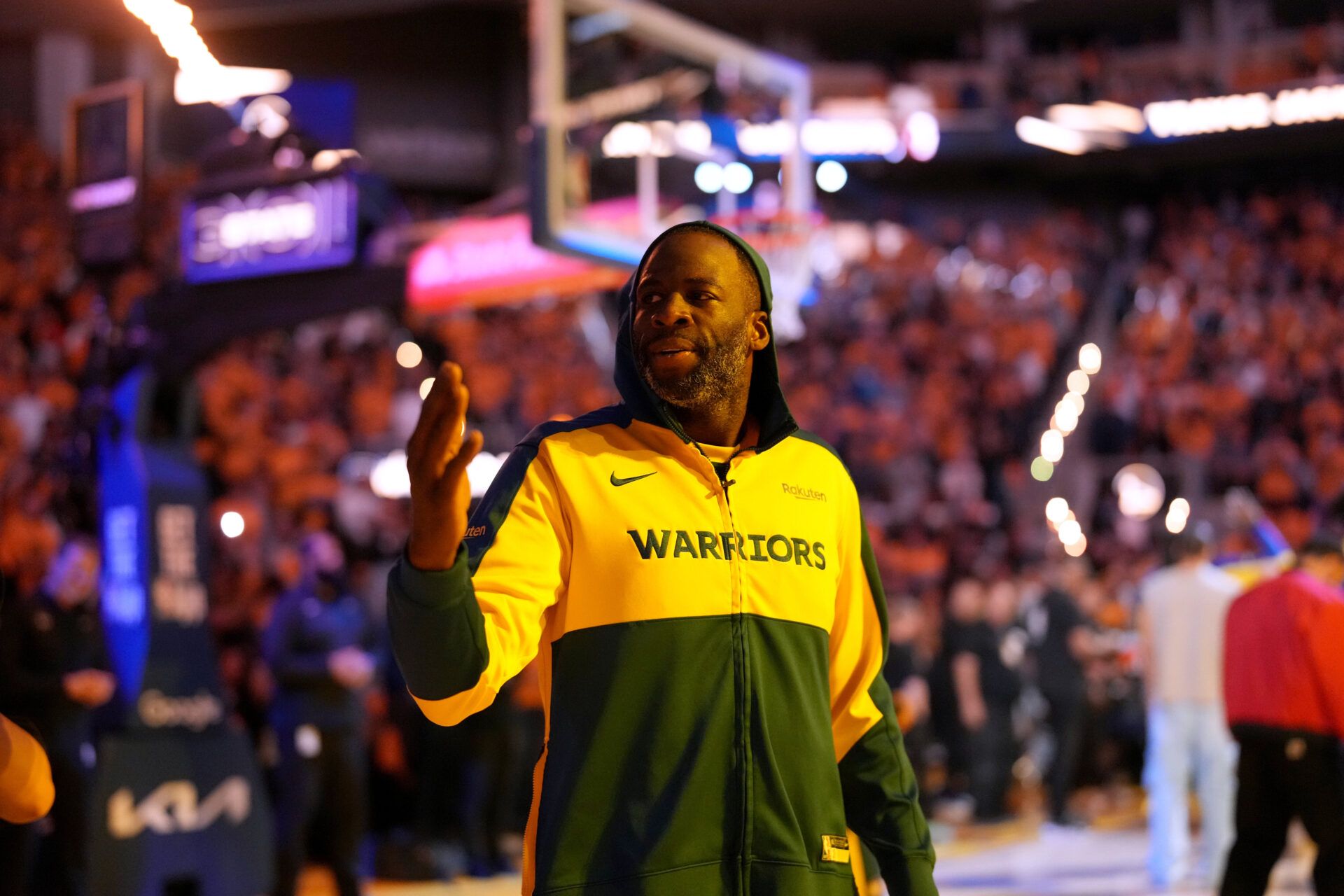 Golden State Warriors forward Draymond Green (23) blows a kiss towards the crowd before the start of the game against the Minnesota Timberwolves during game four of the second round for the 2025 NBA Playoffs at Chase Center.