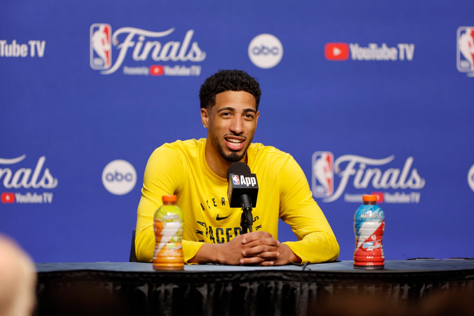 Indiana Pacers guard Tyrese Haliburton (0) during NBA Finals Media Day at Paycom Center.