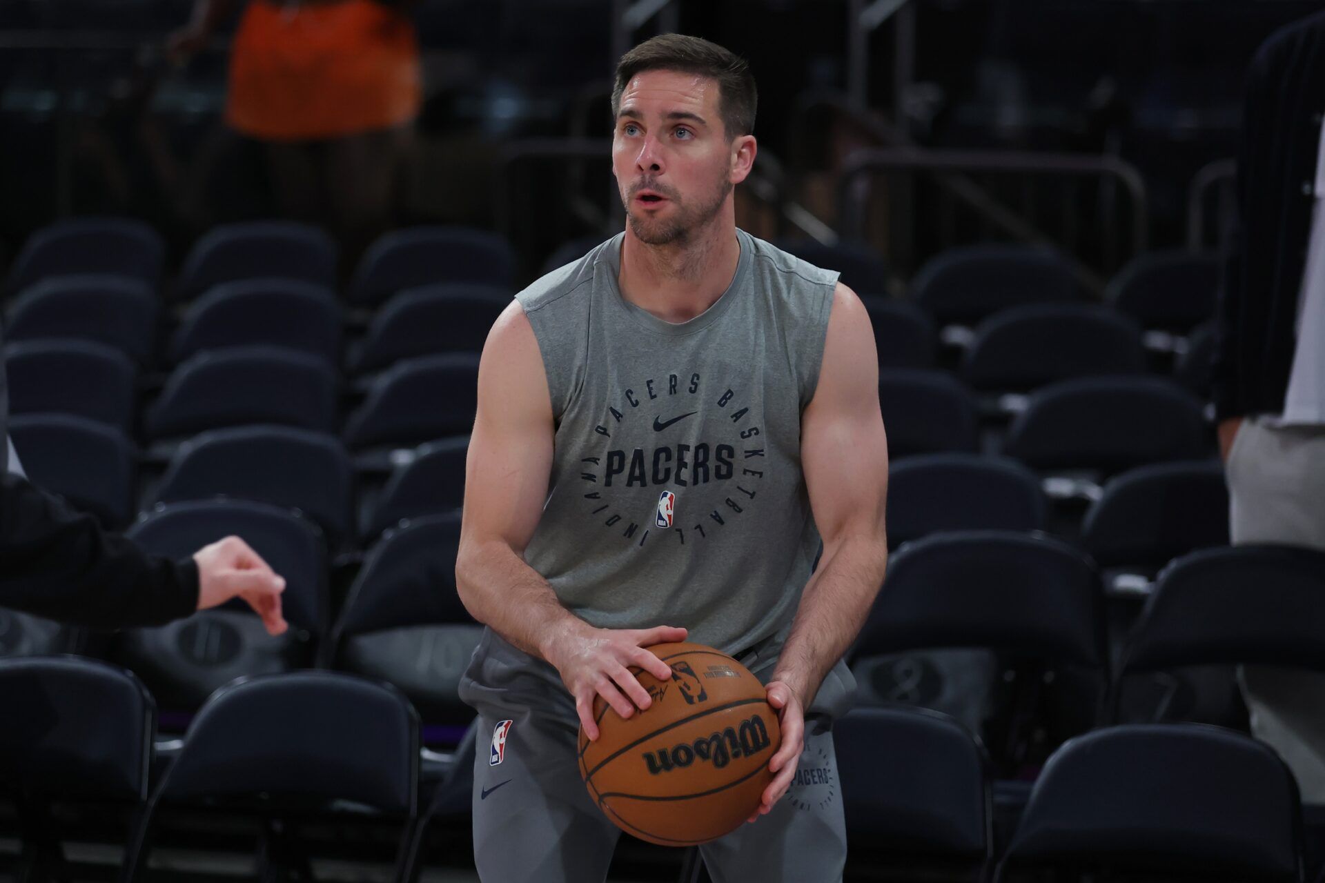 Indiana Pacers guard T.J. McConnell (9) warms up before game five against the New York Knicks in the eastern conference finals for the 2025 NBA Playoffs at Madison Square Garden.