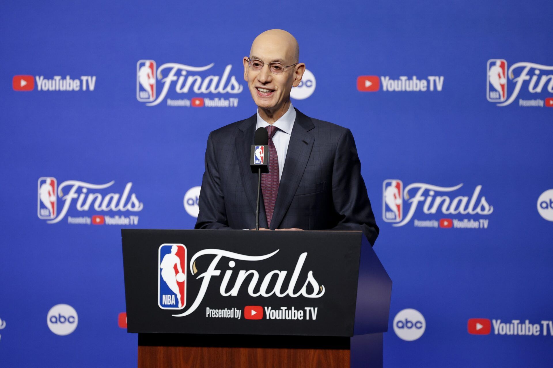 NBA commissioner Adam Silver speaks to the media before game one between the Oklahoma City Thunder and the Indiana Pacers in the 2025 NBA Finals at Paycom Center.