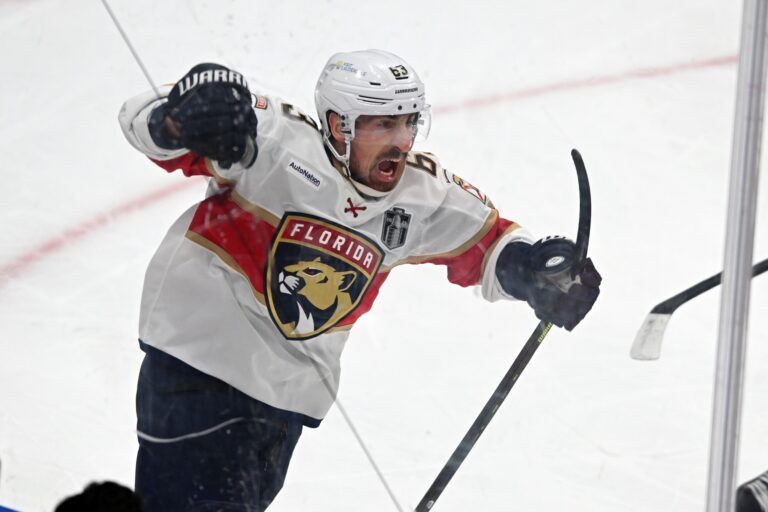 Florida Panthers center Brad Marchand (63) reacts after scoring a goal on Edmonton Oilers goaltender Stuart Skinner (74) during the second period in game two of the 2025 Stanley Cup Final at Rogers Place.