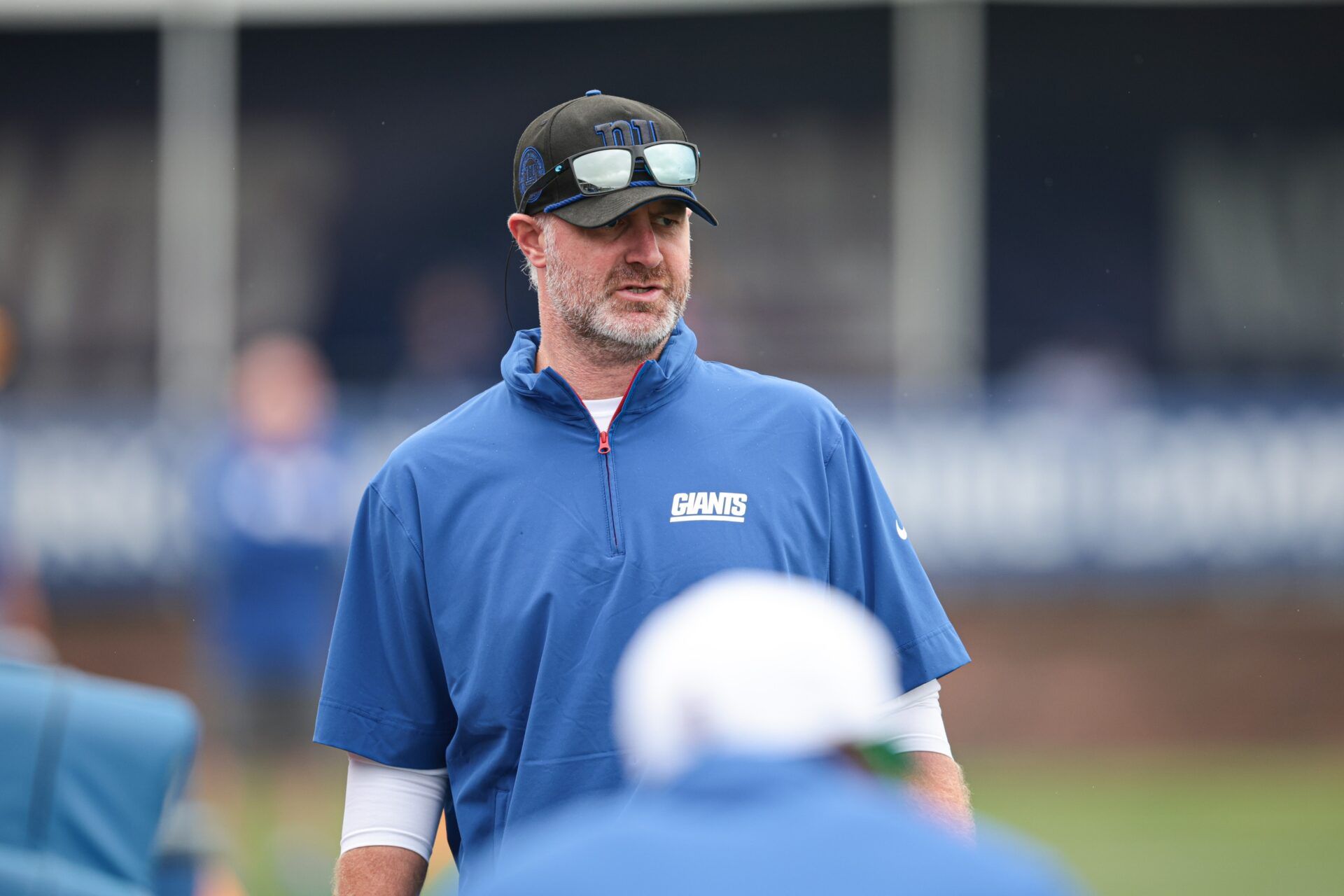 New York Giants defensive coordinator Shane Bowen looks on during training camp at Quest Diagnostics Training Facility.