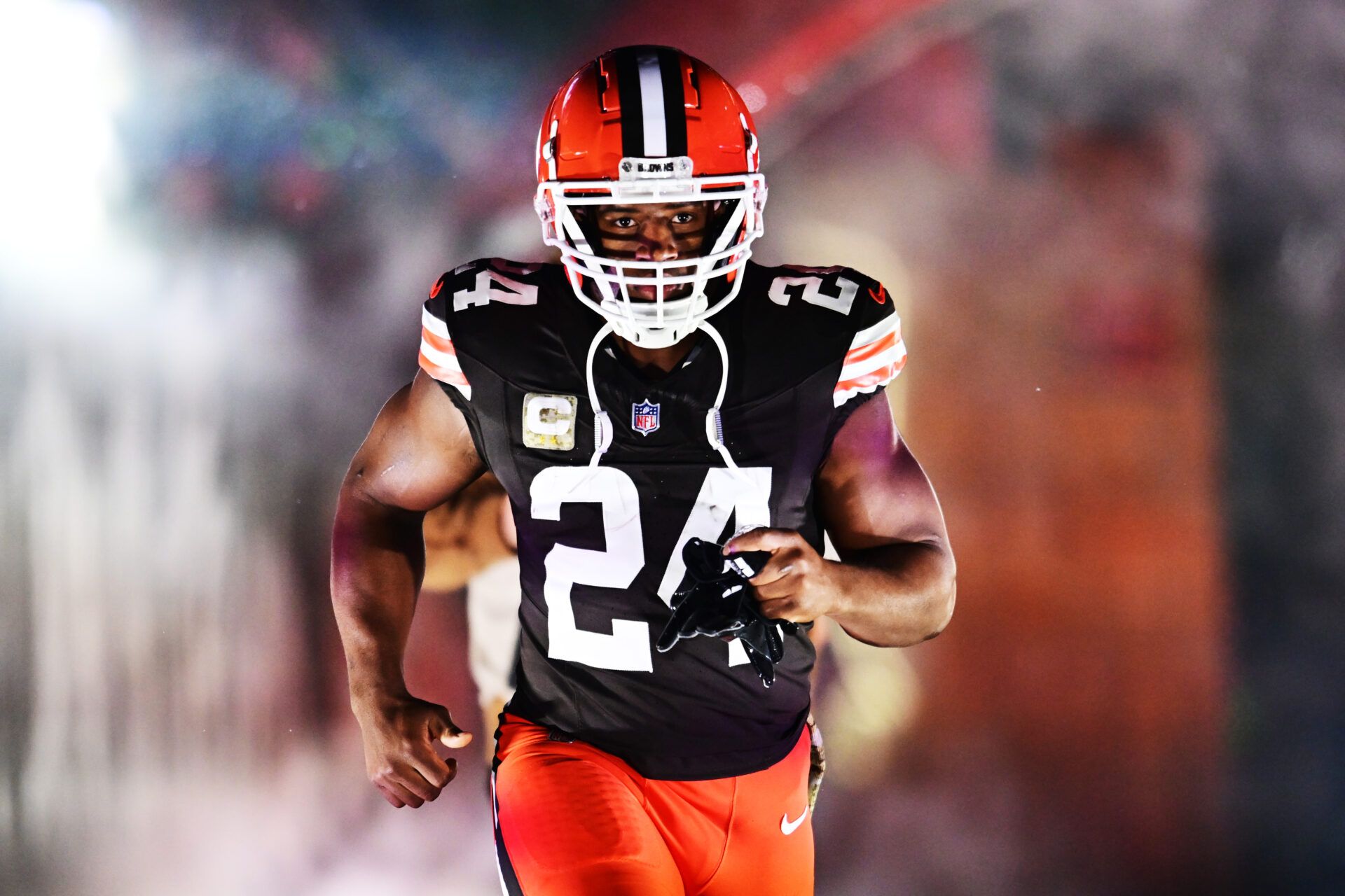 Cleveland Browns running back Nick Chubb (24) is introduced before the game between the Browns and the Pittsburgh Steelers at Huntington Bank Field.