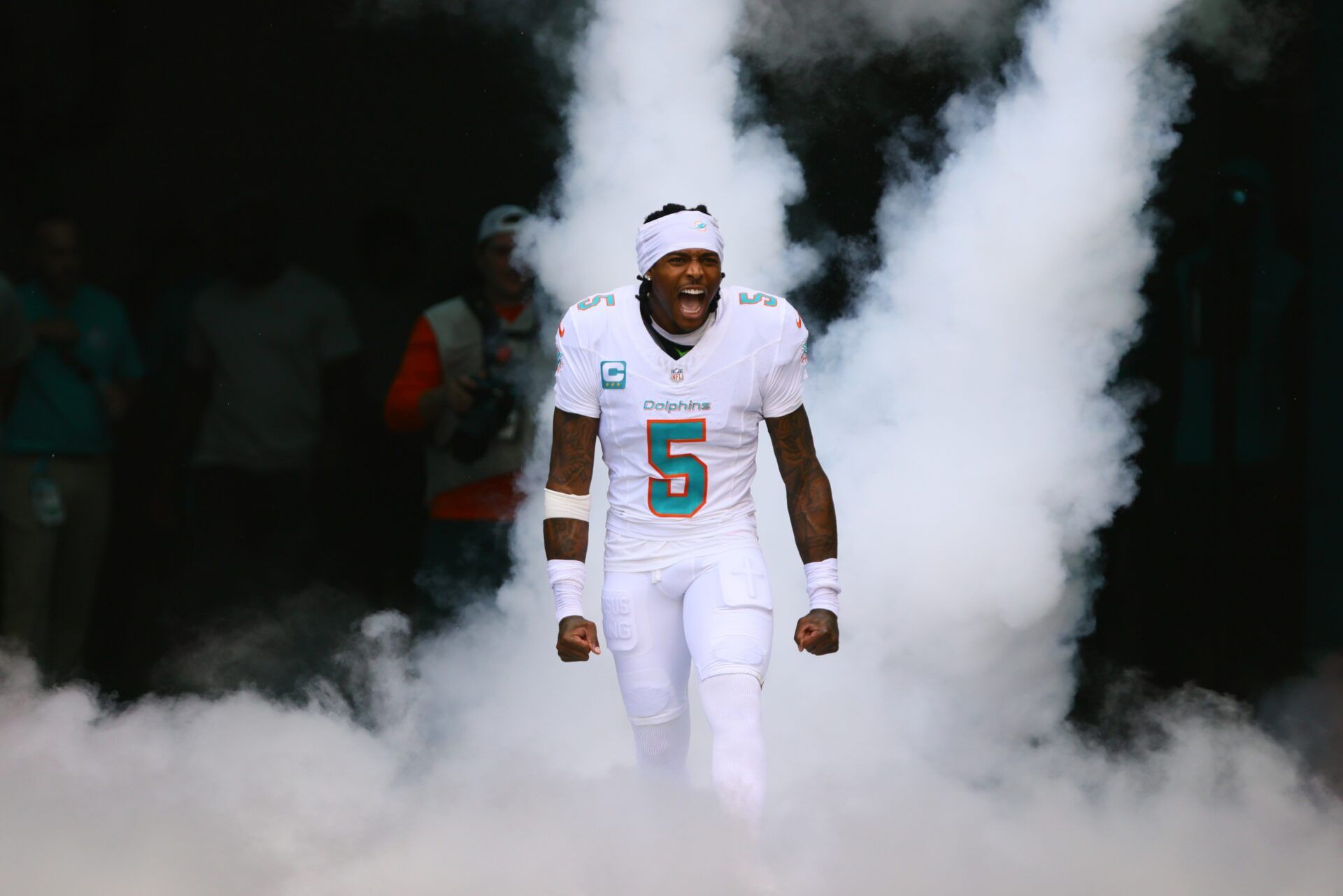 Miami Dolphins cornerback Jalen Ramsey (5) runs onto the field before the game against the Jacksonville Jaguars at Hard Rock Stadium.