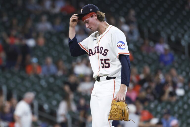 Houston Astros relief pitcher Forrest Whitley (55) walks off the mound after pitching during the ninth inning against the Tampa Bay Rays at Daikin Park.