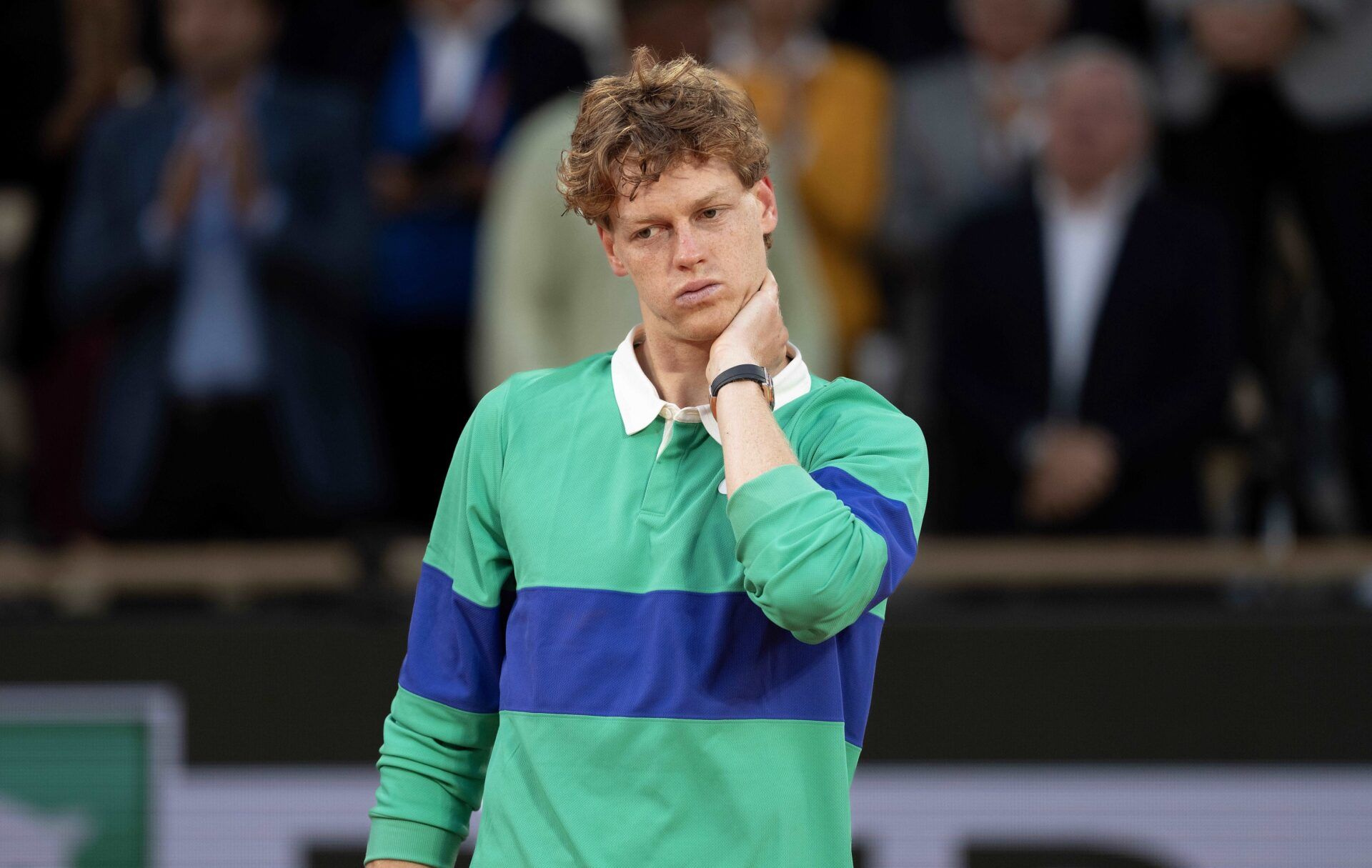 Jannik Sinner of Italy poses at the trophy presentation after the men’s singles final against Carlos Alcaraz of Spain on day 15 at Roland Garros Stadium.