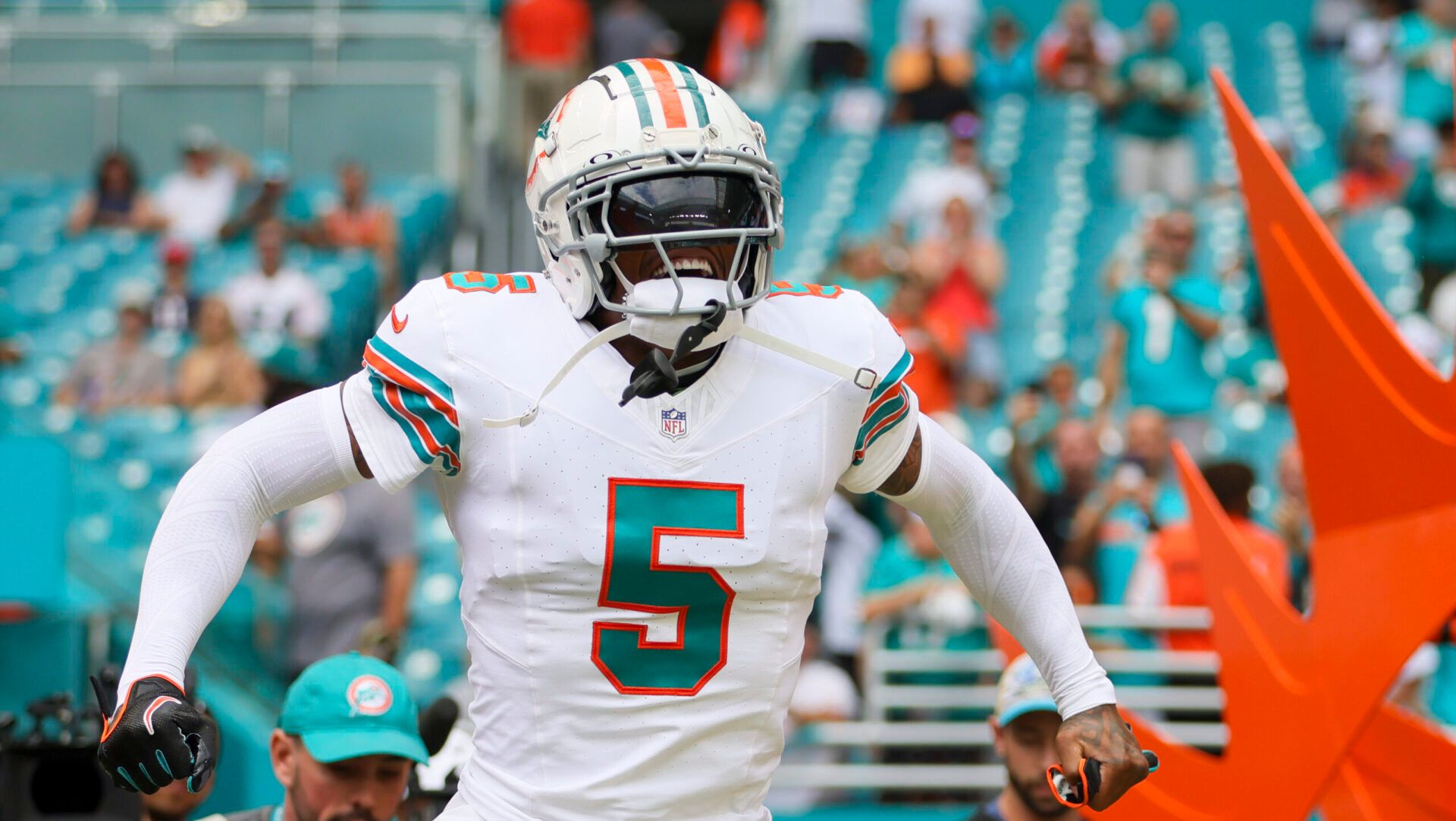 Miami Dolphins cornerback Jalen Ramsey (5) reacts prior to the game against the New England Patriots at Hard Rock Stadium.