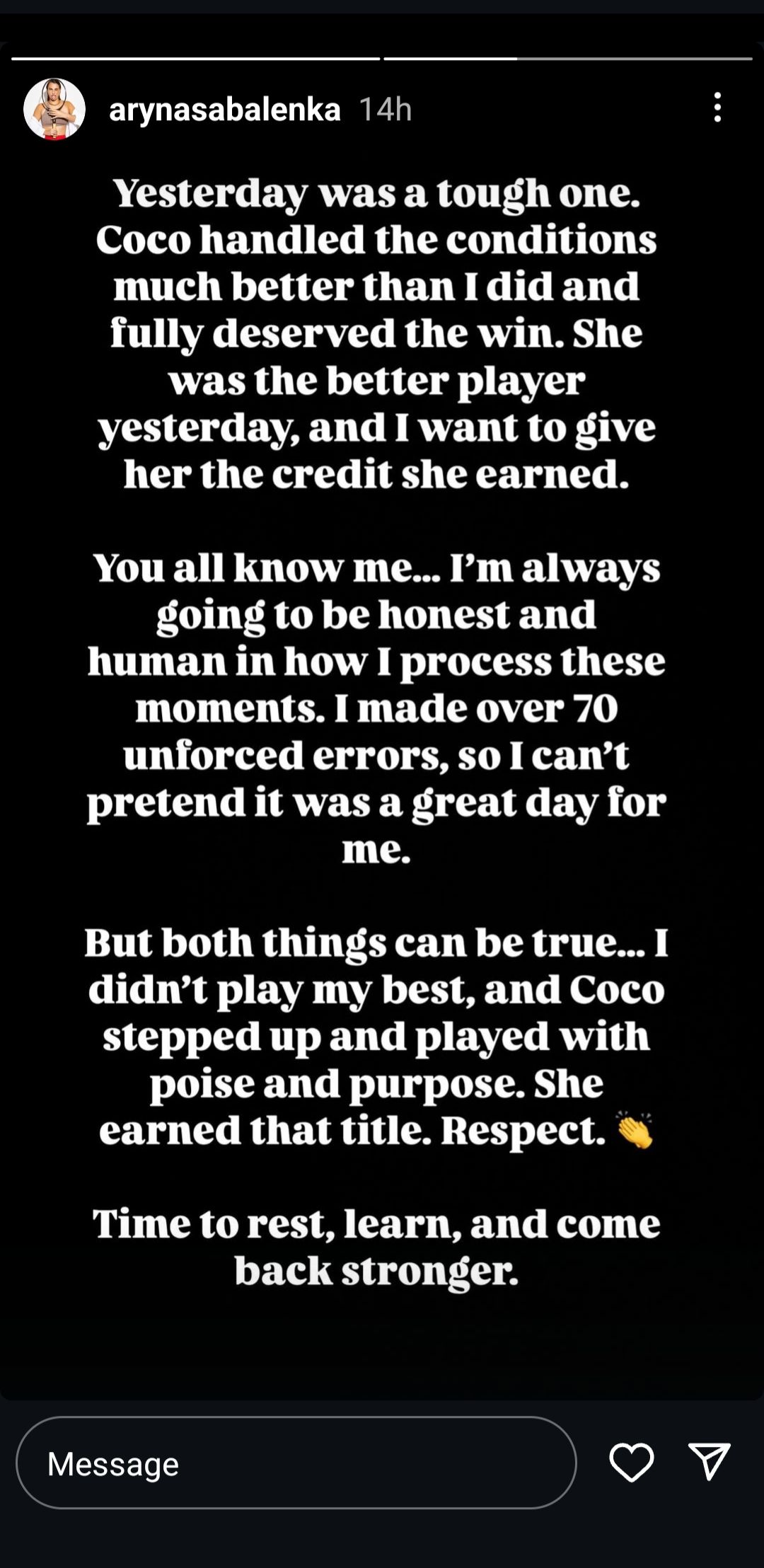 Screen grab of Aryna Sabalenka's Instagram story