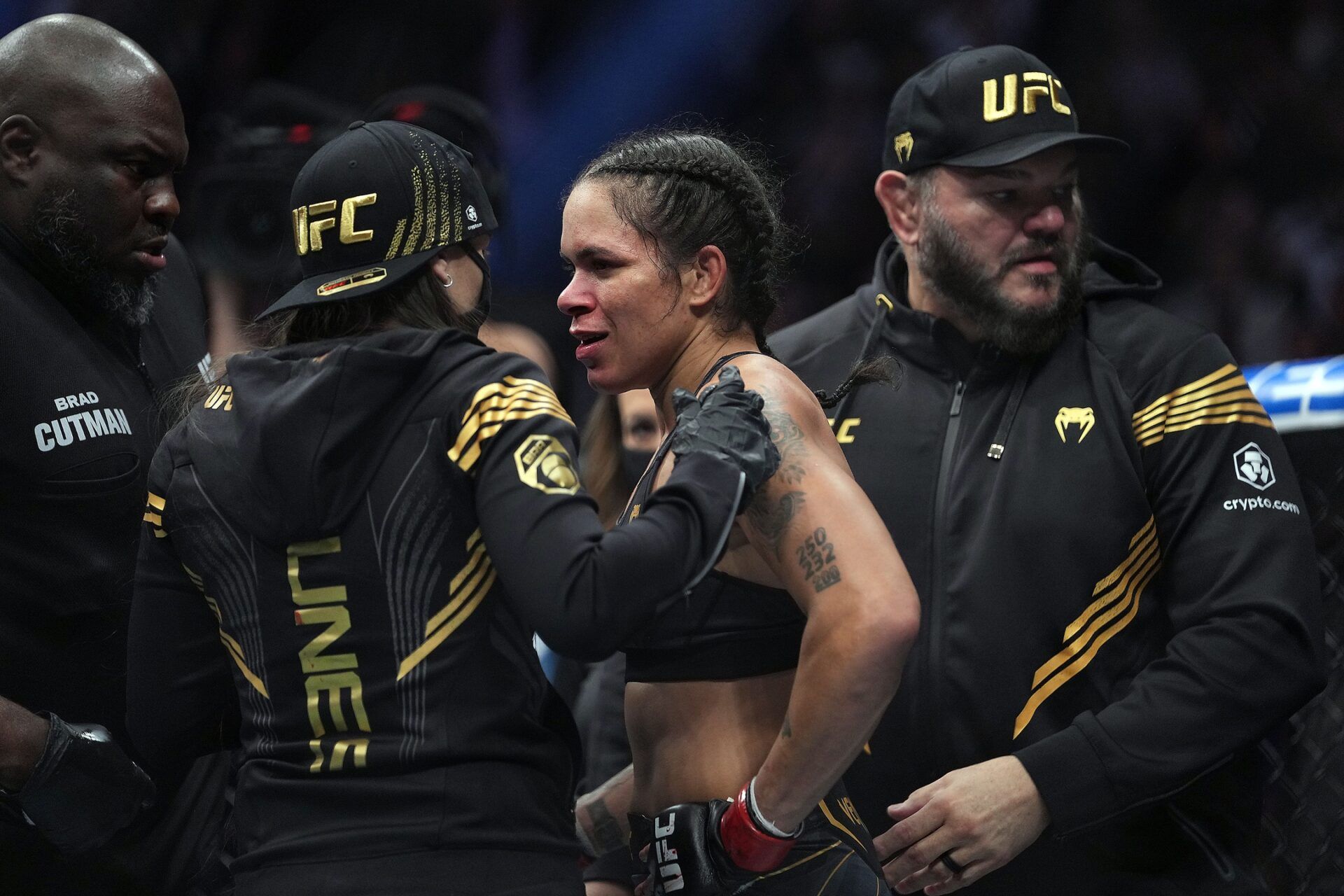 Amanda Nunes reacts following her loss by submission against Julianna Pena during UFC 269 at T-Mobile Arena.