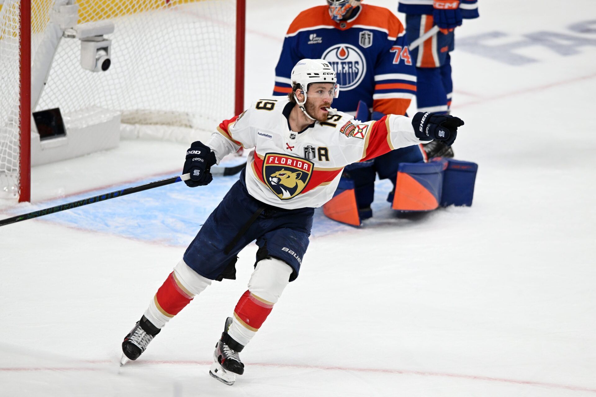Florida Panthers center Sam Bennett (9) reacts after scoring a goal against Edmonton Oilers goaltender Stuart Skinner (74) during the second period in game two of the 2025 Stanley Cup Final at Rogers Place.