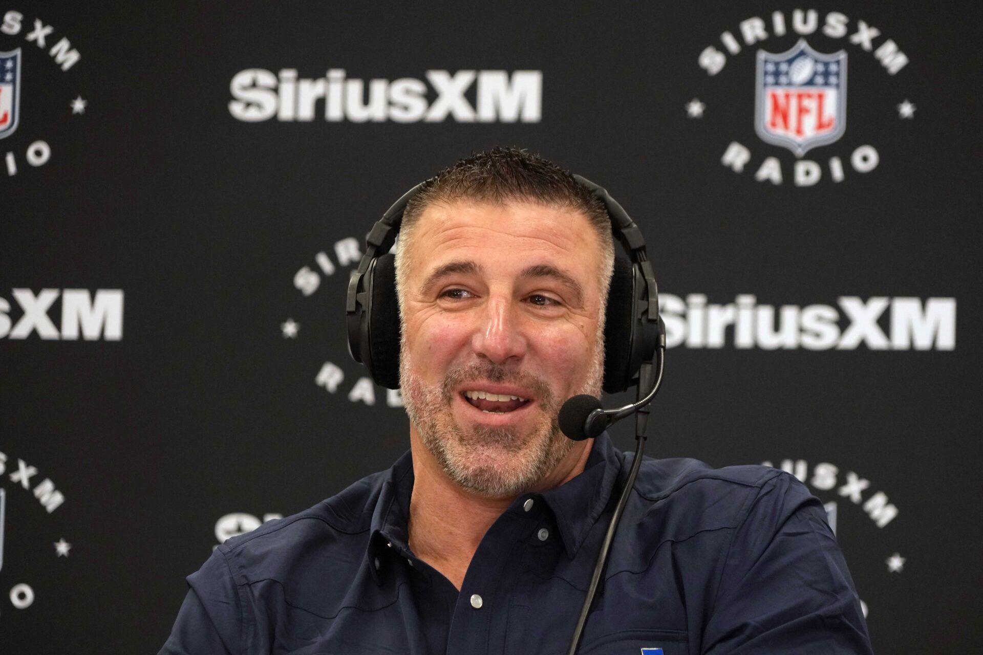 New England Patriots coach Mike Vrabel on the SiriusXM radio set at the NFL Scouting Combine at the Indiana Convention Center.