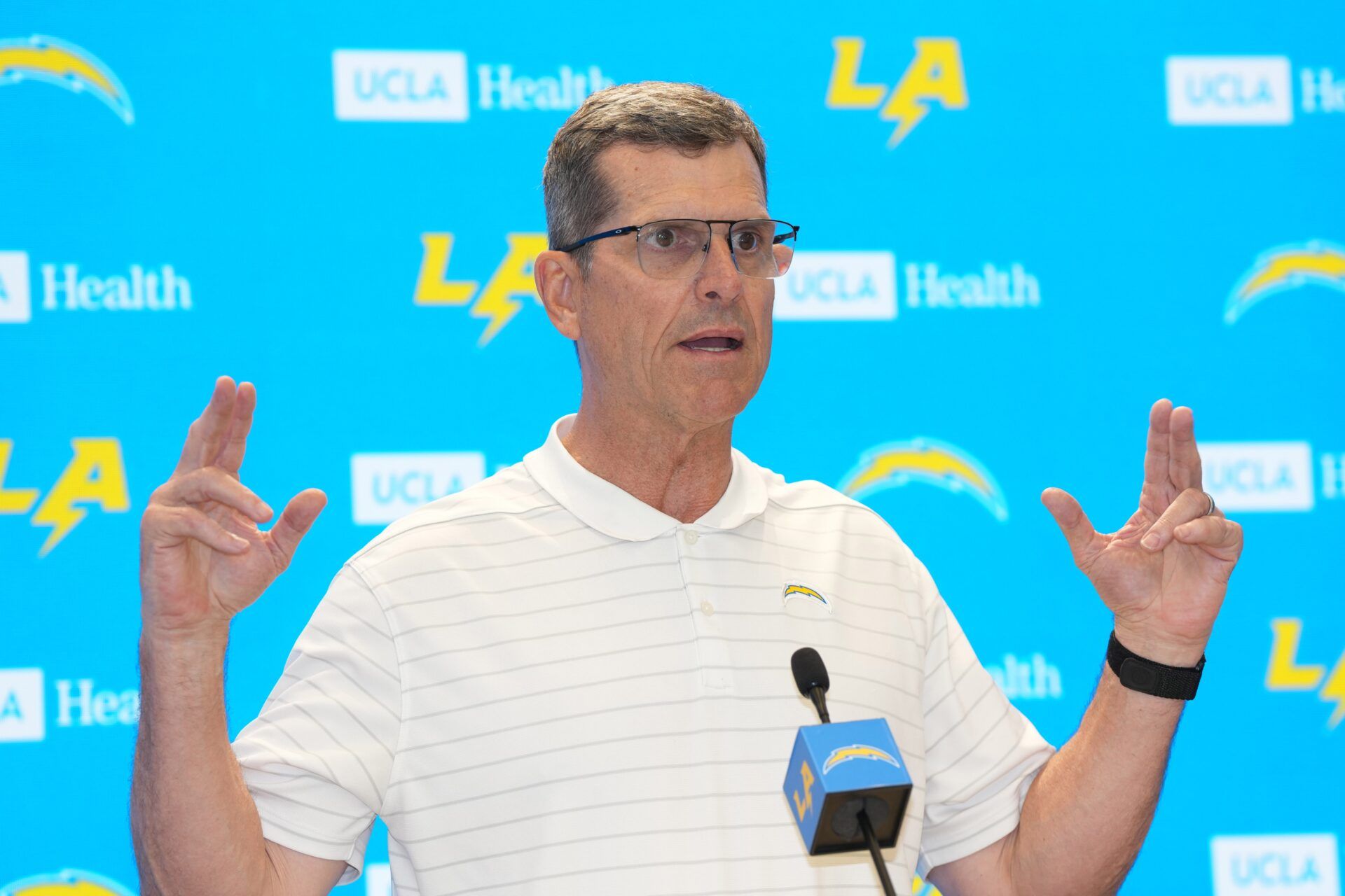 Los Angeles Chargers coach Jim Harbaugh during press conference at The Bolt.