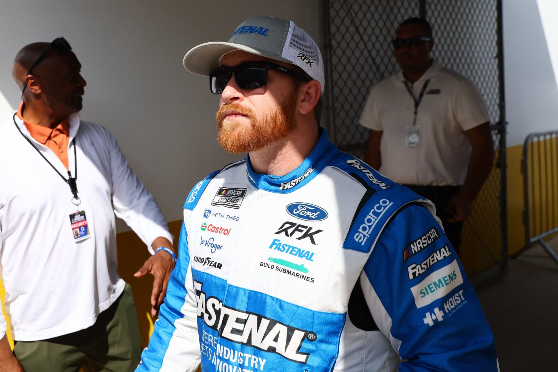 NASCAR Cup Series driver Chris Buescher (17) walks to the drivers meeting before the Daytona 500 at Daytona International Speedway.