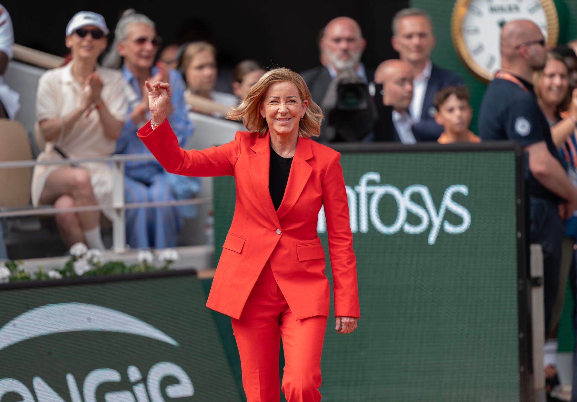 Jun8, 2024; Paris, France; Chris Evert enters the court for the trophy presentation on day 14 of Roland Garros at Stade Roland Garros.